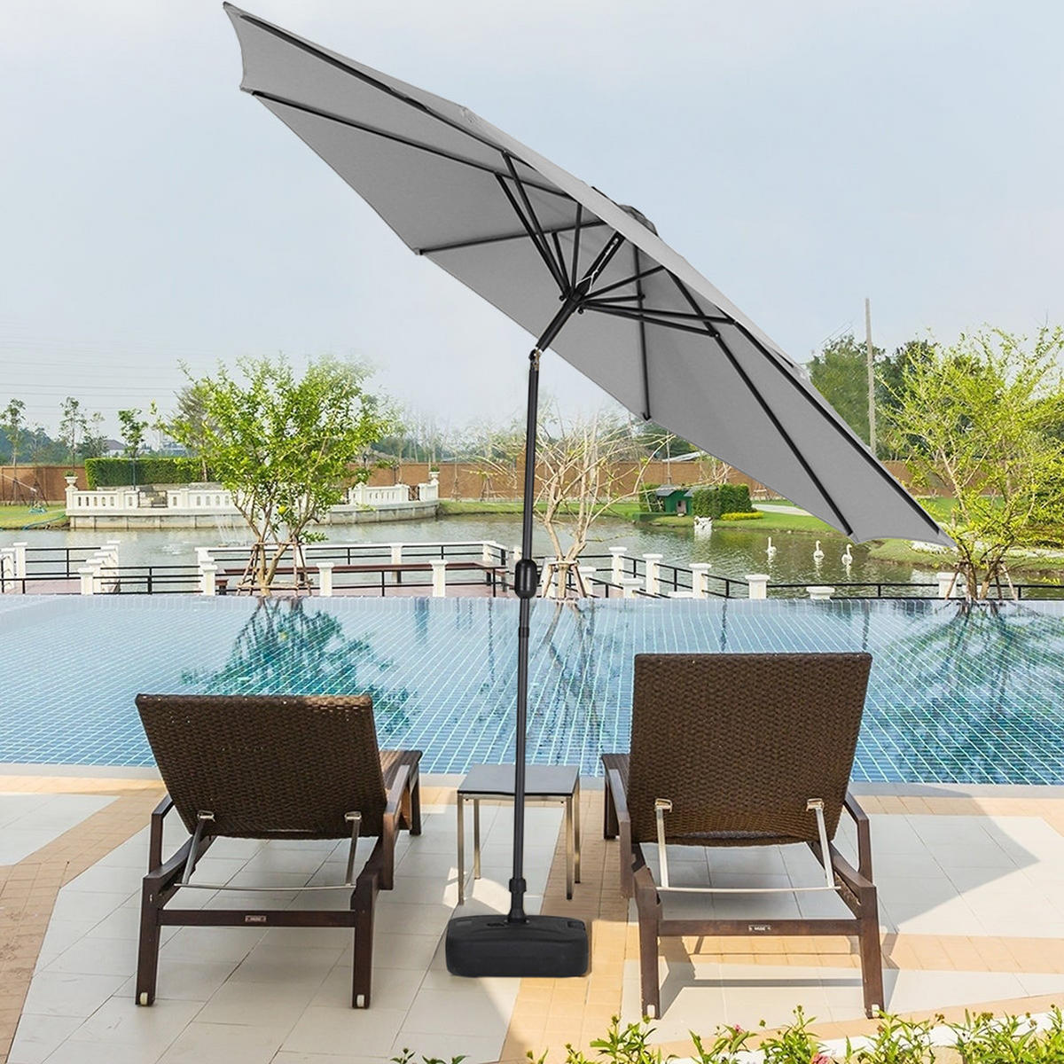 SONNENSCHIRM aus Polyester Metall in Hellgrau mit Resin-Sockel drehbar 360° neigbar 60° 3 x 2.4m Ø49 × 35 cm - Grau, Metall (240/50cm) - Livingandhome
