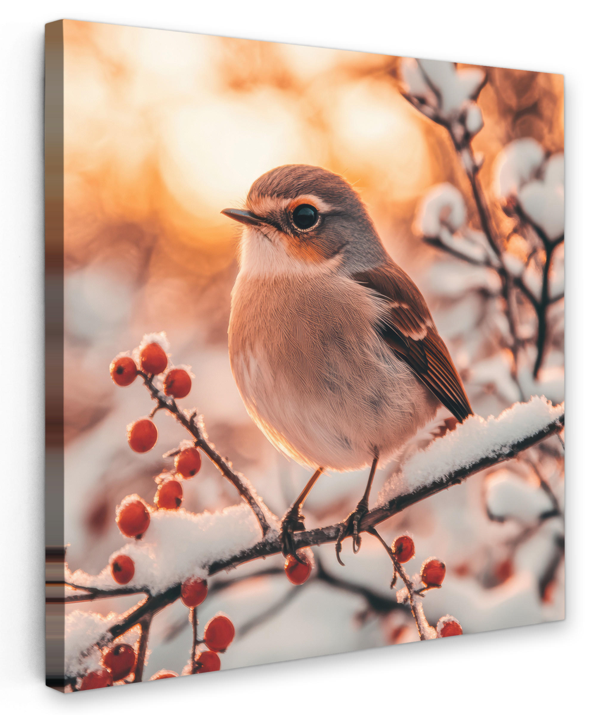 LEINWANDBILD Vogel - Zweig - Winter - Tiere - Schnee 90x90 cm - Bernsteinfarben, Textil (90/90cm) - MuchoWow