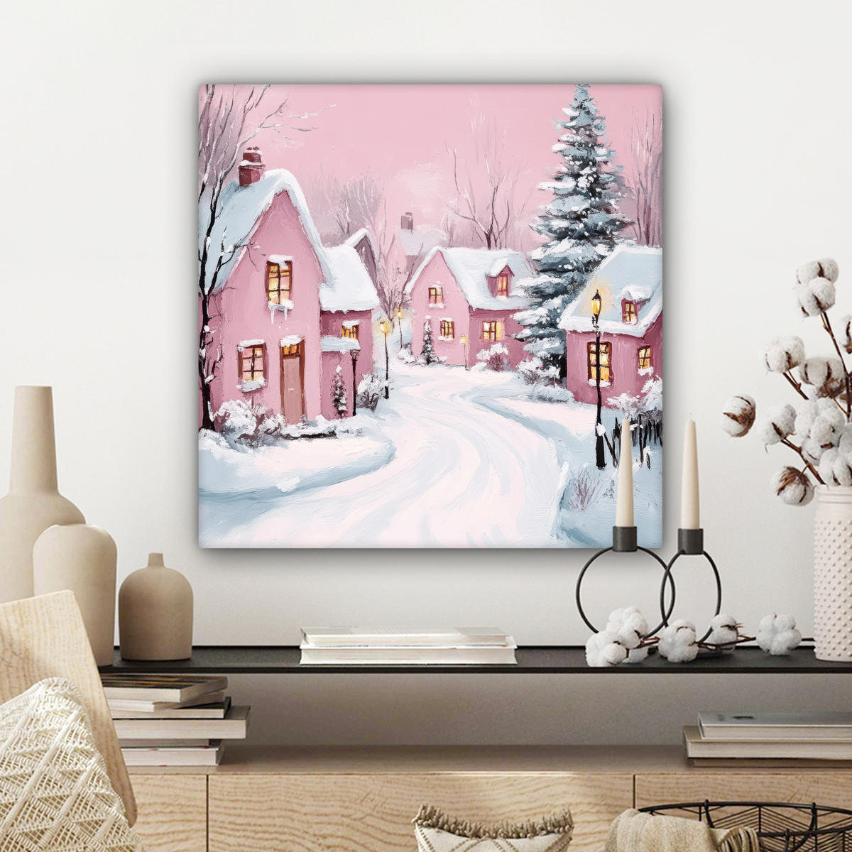 LEINWANDBILD Weihnachtsdorf - Rosa - Winter - Schnee - Häuser 50x50 cm - Altrosa, Textil (50/50cm) - MuchoWow