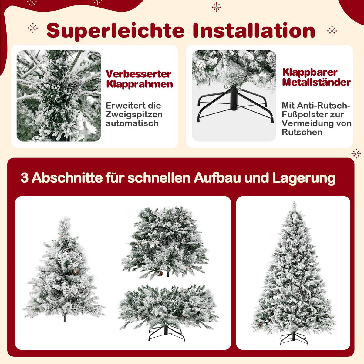 WEIHNACHTSBAUM mit Beleuchtung Schnee und Zapfen 210 cm weiß - Weiß, Metall (210cm) - COSTWAY
