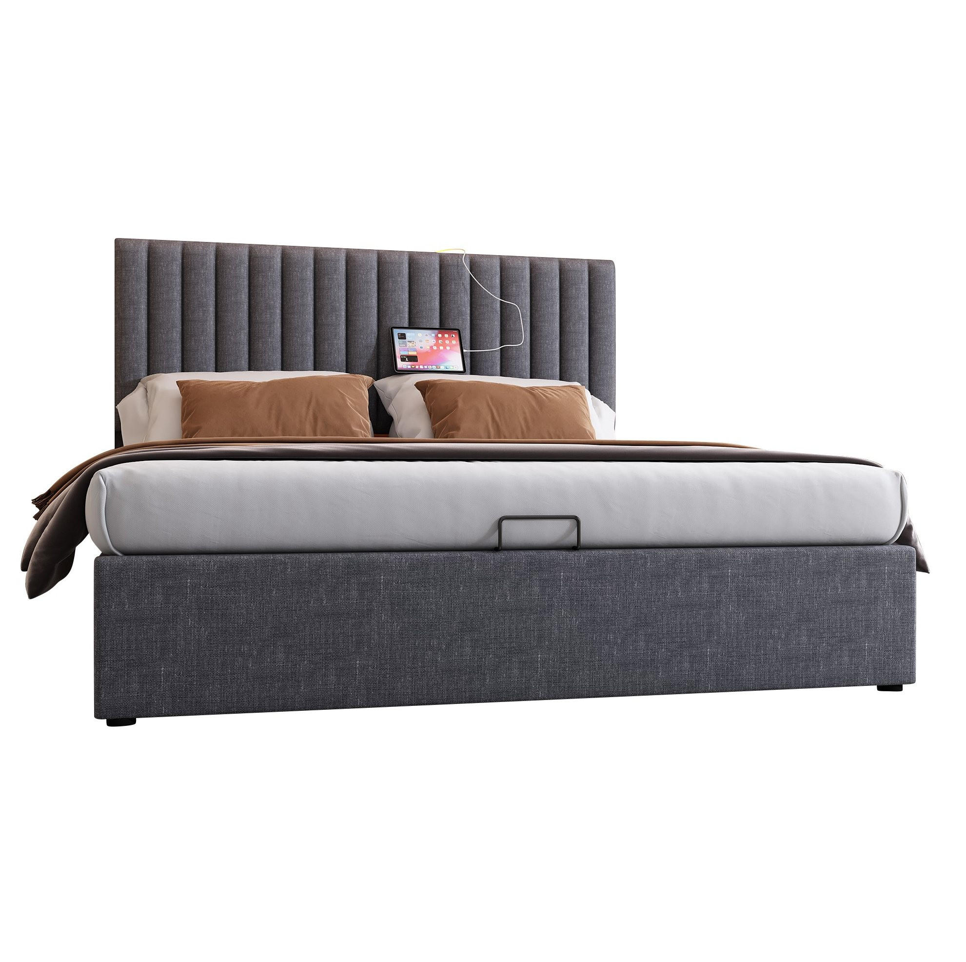 POLSTERBETT 160/200 cm aus Leinen mit LED-Kopfteil, USB- und Type-C-Anschluss, Bettkasten und verstellbarem Kopfteil, Grau - Grau, Textil (160/200cm) - Redom