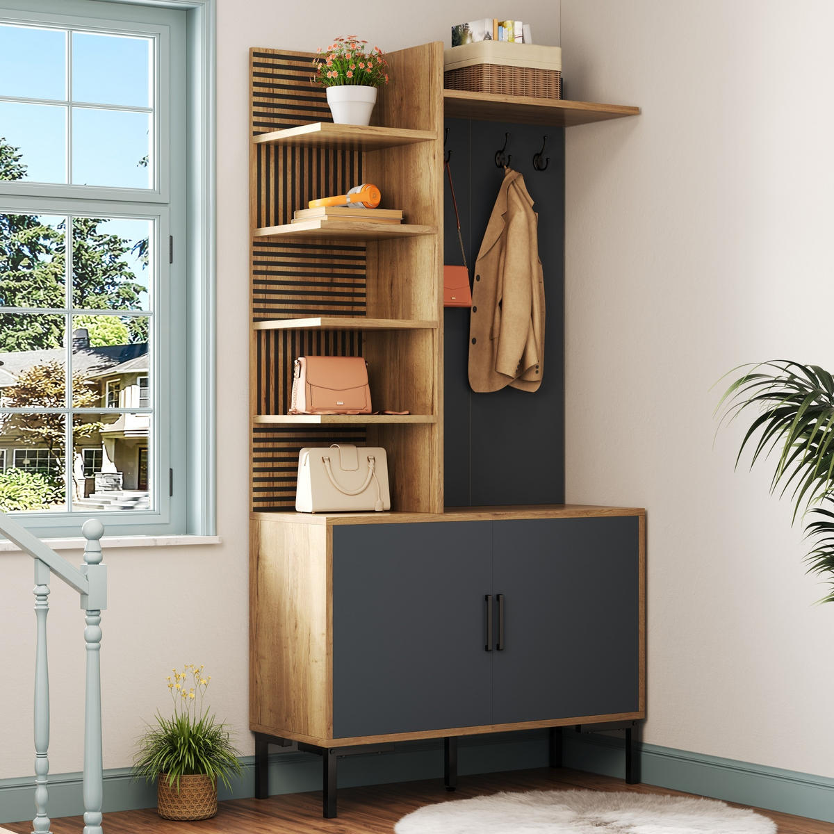 KLEIDERSCHRANK Schuhfach Regale Haken verstellbar modern - Naturfarben, Holzwerkstoff (40/190.05/100cm) - FLIEKS