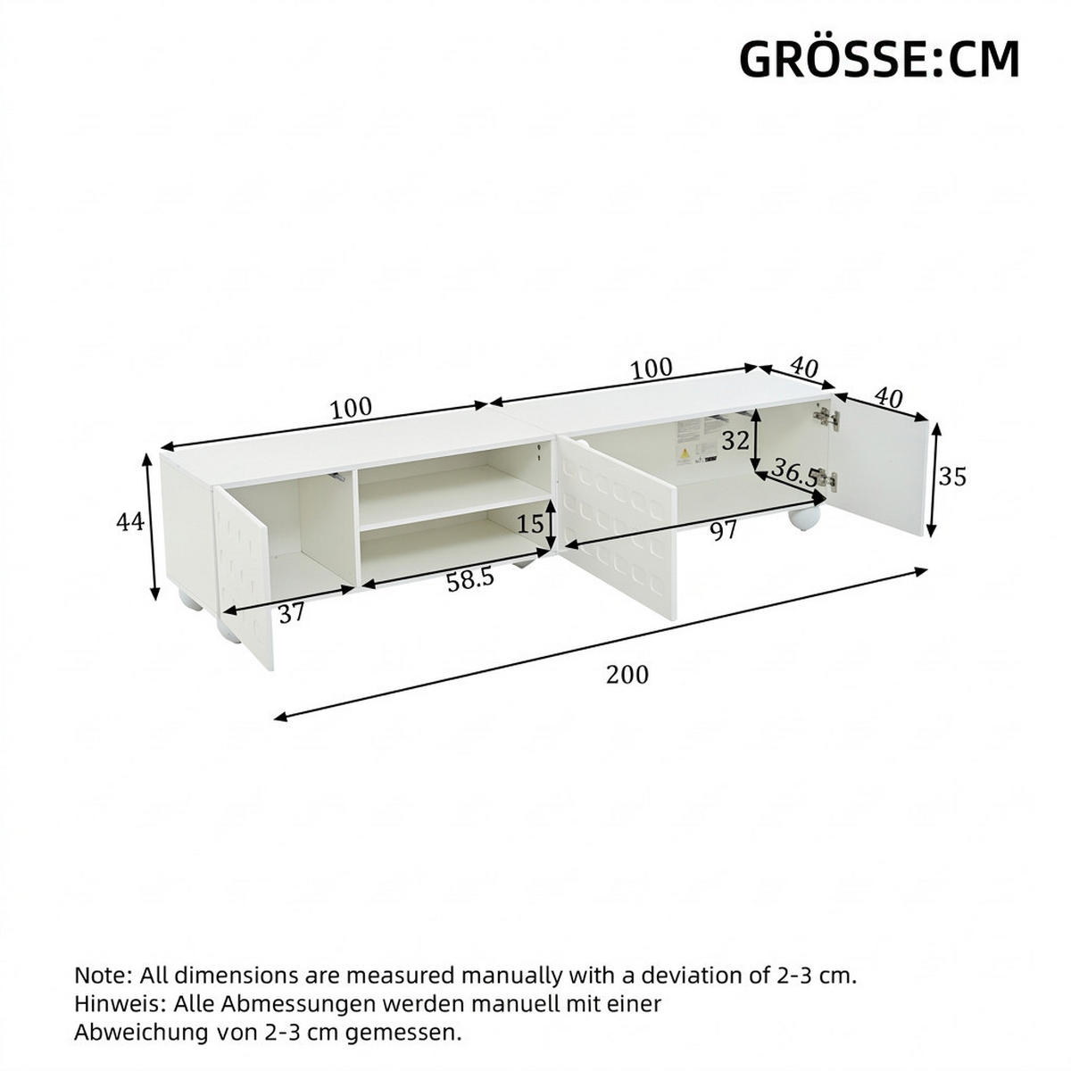 TV-SCHRANK 200/40/44 cm Weiß für 80 Zoll Fernseher mit 3 Türen - Weiß, Holzwerkstoff (200/44/40cm) - Oxeza