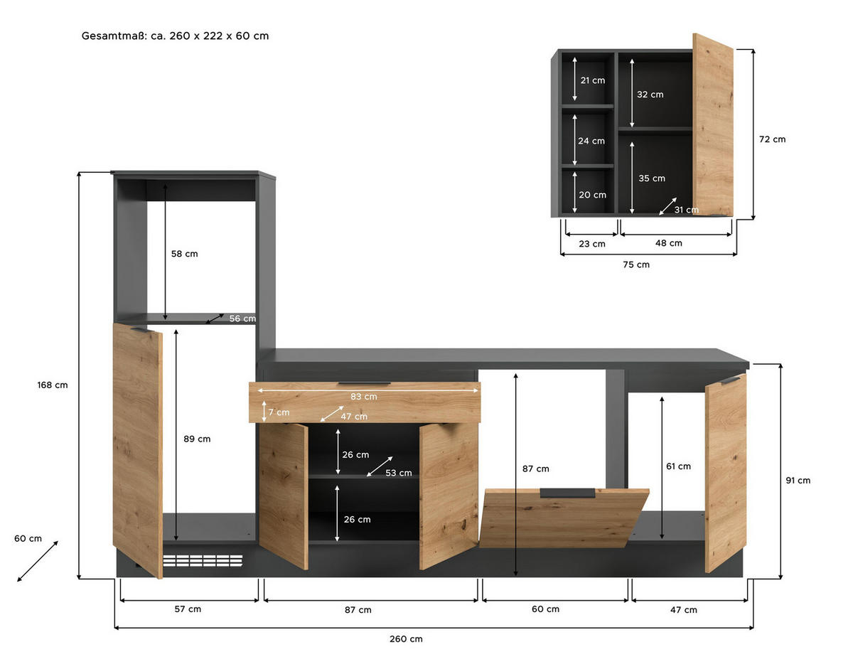 KÜCHENZEILE (ohne E-Geräte) Modus (B/H/T: ca. 260/222/60 cm) in schwarz/Artisan Eiche Nachbildung - Schwarz, Holzwerkstoff (260/222/60cm)