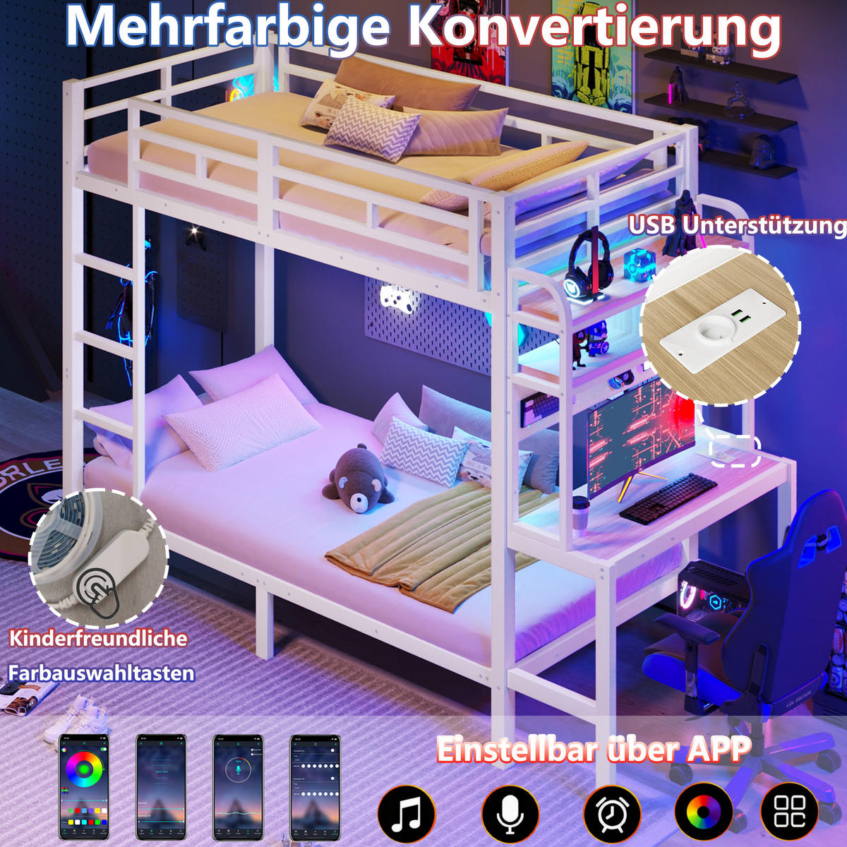 ETAGENBETT 90/200 cm in Weiß mit Schreibtisch, Regal, LED und USB Metall Kinderbett - Weiß, Holzwerkstoff/Metall (90/200cm) - STILVORA