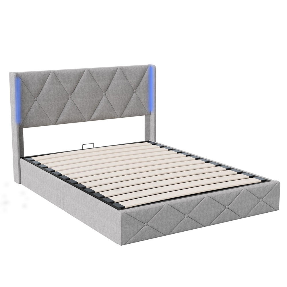 POLSTERBETT 140x200 cm mit LED-Beleuchtung - Kopfteil im Rautendesign und hydraulischem Stauraum - Grau - Grau, Textil (140/200cm) - DELFA