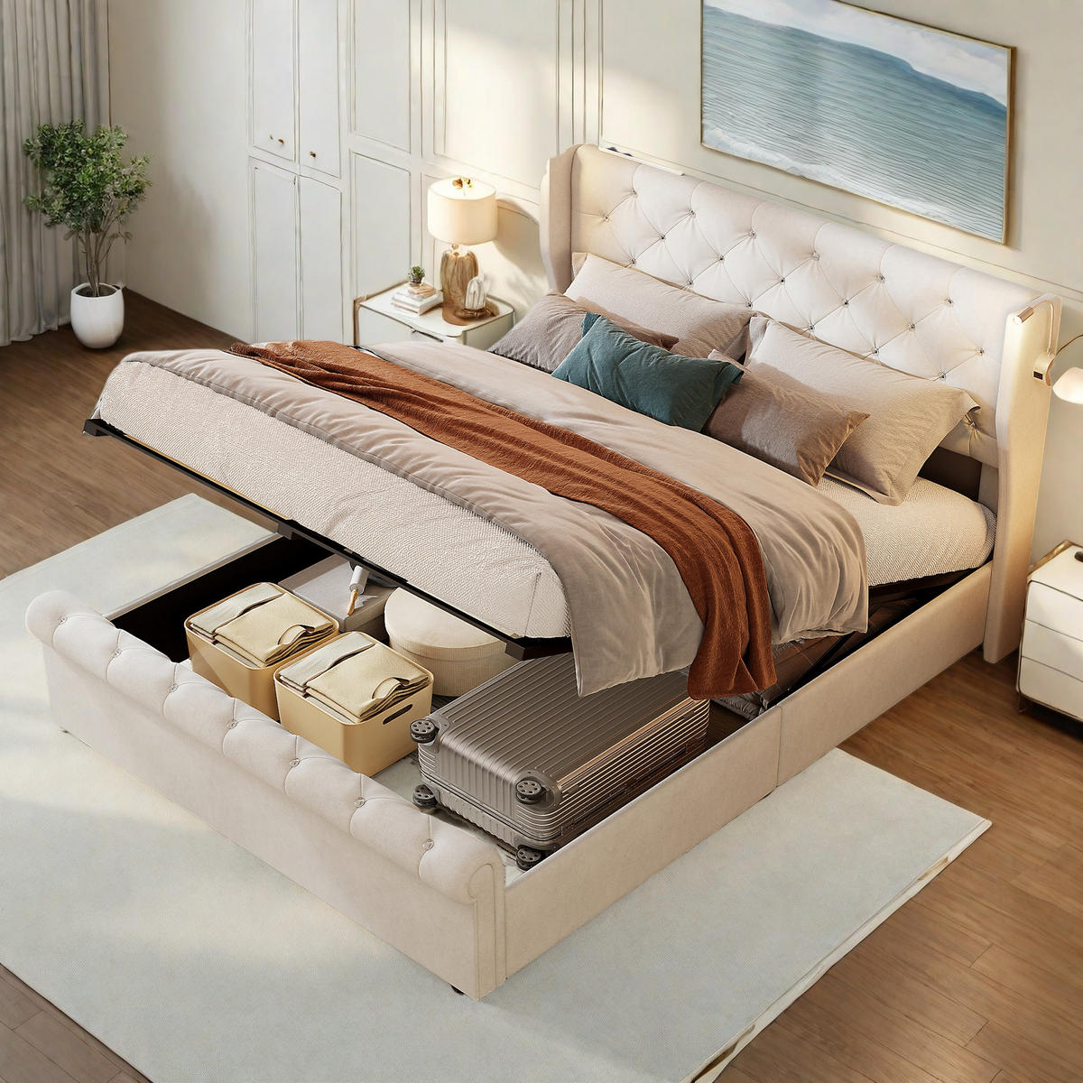 POLSTERBETT 140x200 cm Leselampen Stauraum Lattenrost Samt beige - Beige, Holz (140/190cm) - LEBENLANG