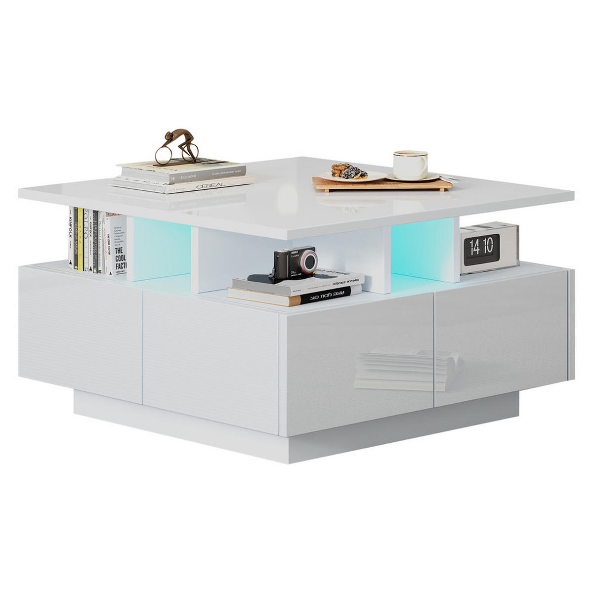 COUCHTISCH 70x70cm Weiß Hochglanz LED 4 Schubladen Geometrisch 30kg Belastung - Weiß, Holz (52.07/49.61/20.32cm) - FLIEKS