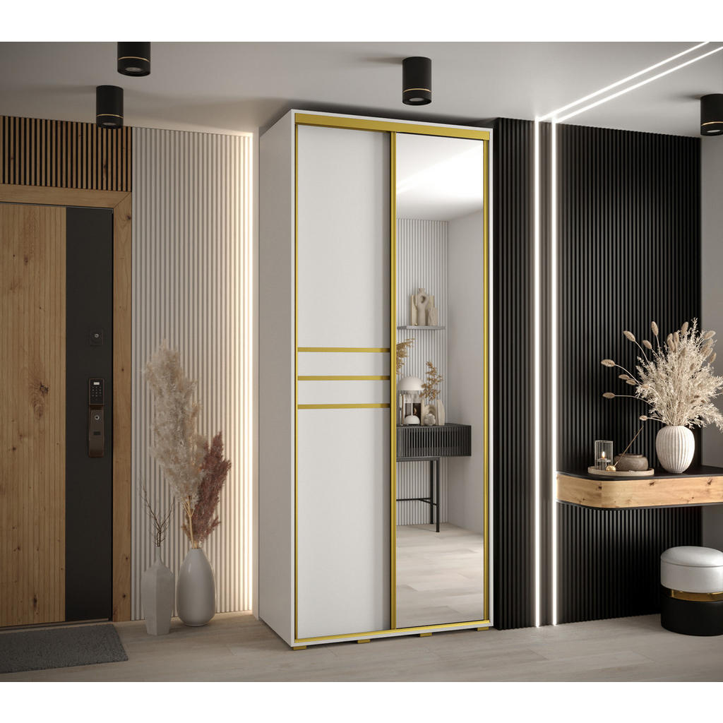 Thumbnail - Abiks Möbel Schwebetürenschrank, Weiß, Weiß, Gold, Metall, Nachbildung, 6 Fächer, 100x235x45 cm, Schlafzimmer, Kleidersc...