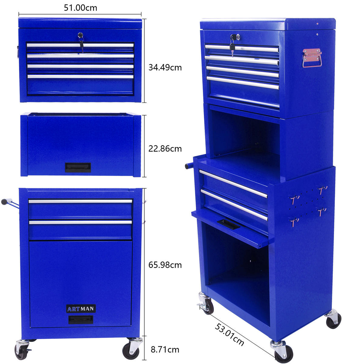 KOMBINATIONSKOFFER – mit 6 Schubladen und 4 Lenkrollen (blau) - Blau, Metall (33/110/60cm) - DCA