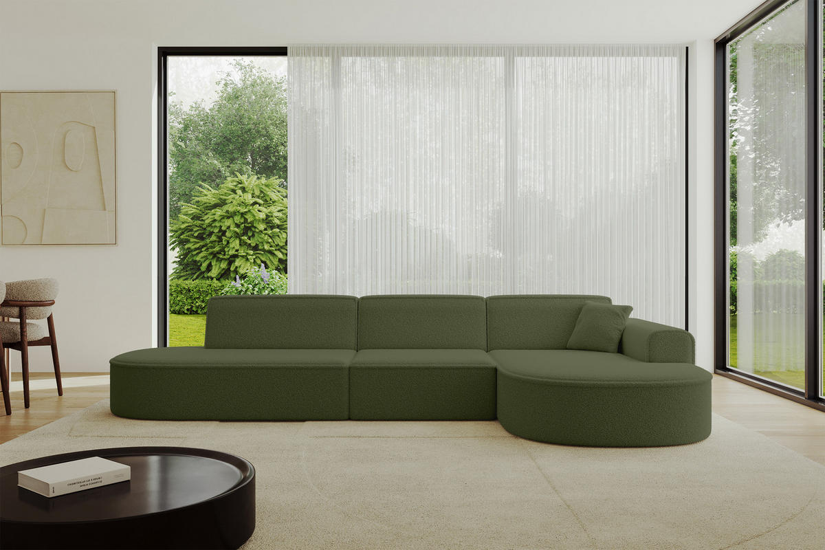 ECKSOFA Ottomane Rechts MARI-L2 - 328x171x79 cm Grün Bouclé - Schwarz/Grün, Holzwerkstoff/Kunststoff (171/328cm) - ALTDECOR