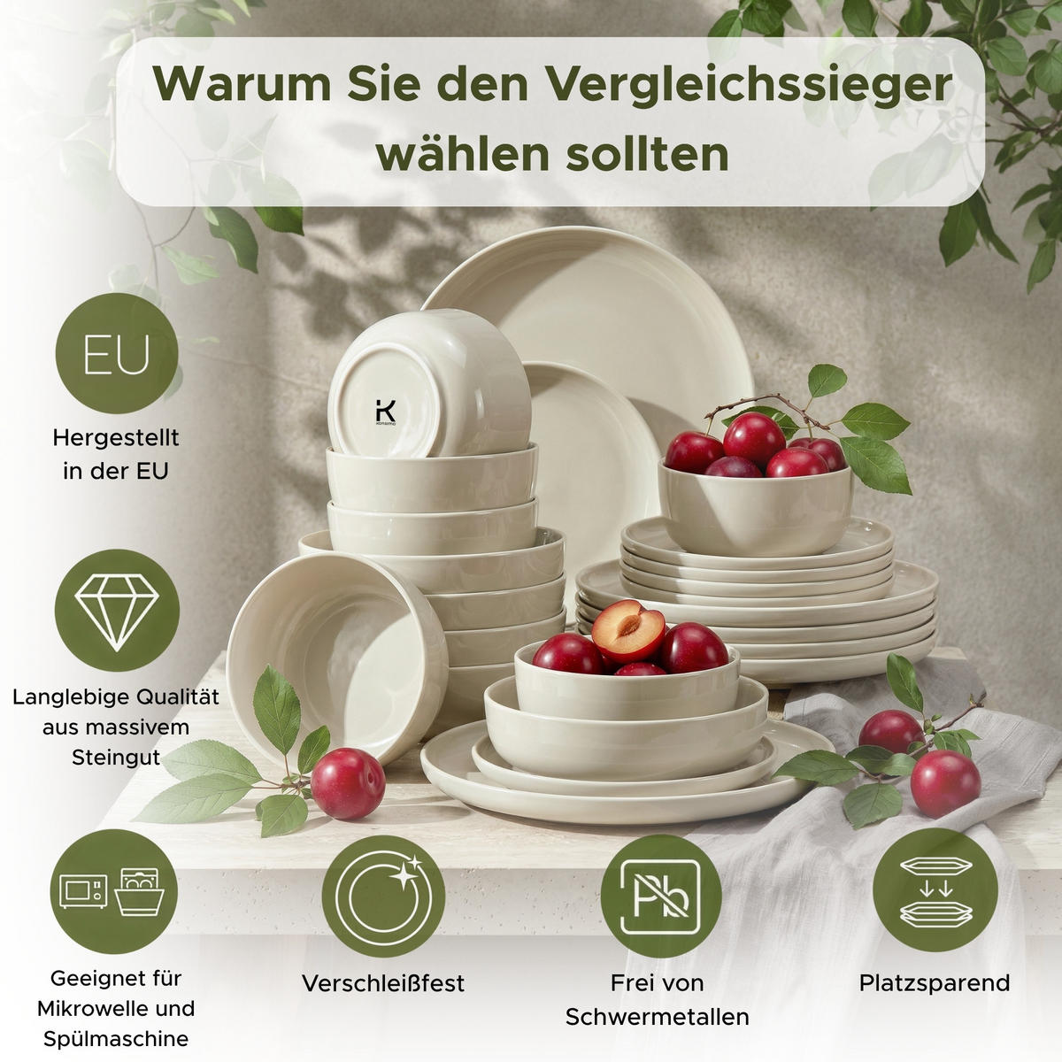 TAFELSERVICE VICTO 6 Personen 18-tlg Beige, Glanz - Creme, Keramik (27/2/27cm) - KONSIMO®