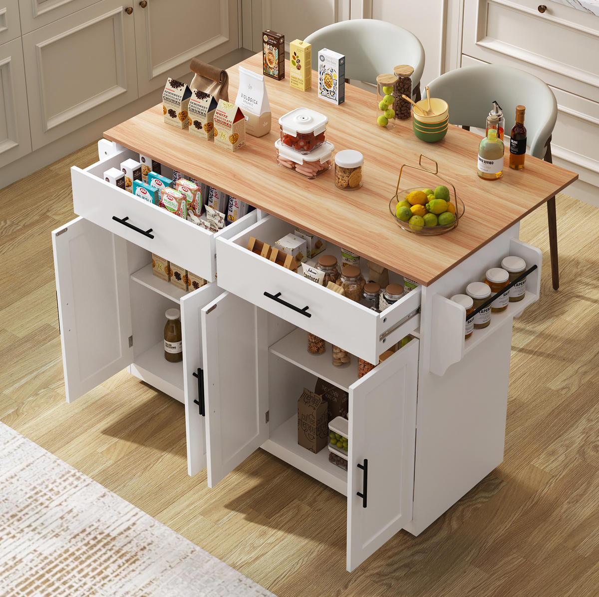 KÜCHENINSEL 120/46(70)/91,5 cm aus MDF mit klappbarer Tischplatte, Rollen und austauschbaren Holzfüßen, Weiß/Natur - Weiß, Holzwerkstoff (120/91.5/70cm) - Redom
