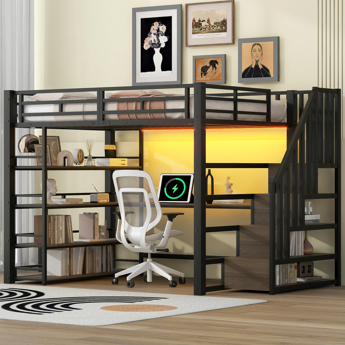 VYVÝŠENÁ posteľ 140/200 cm čierna z kovu a MDF s písacím stolom, schodmi, policami, LED osvetlením a USB - čierna, kompozitné drevo (140/200cm) - OKWISH