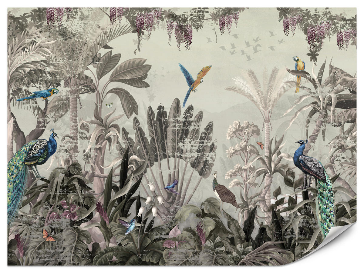 FOTOTAPETE für Wohnzimmer Vintage Tropenwald Palmen Papageien 300x210 - Beige/Grün, Papier (300/210cm) - Muralo