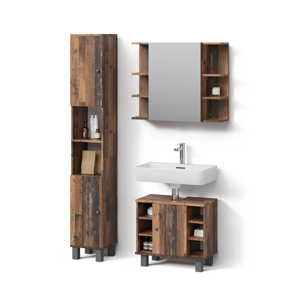 BADMÖBEL-SET Fucino Eiche rustikal 3 Teile, mit Hochschrank - Wildeiche, Holzwerkstoff (60/54/32cm) - Livinity®