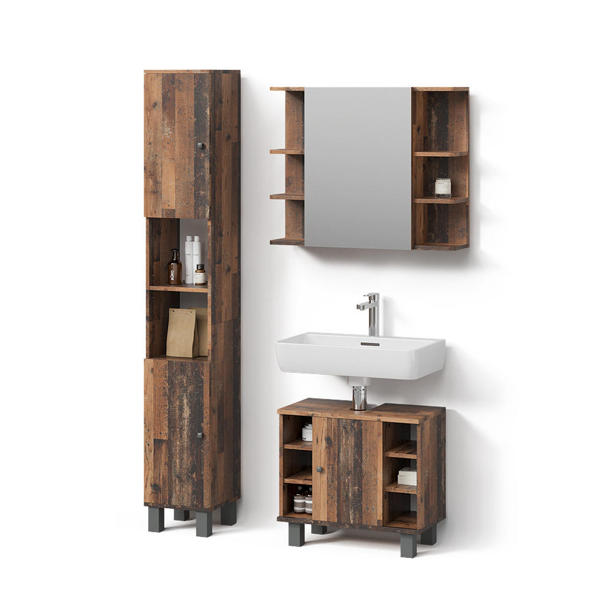 BADMÖBEL-SET Fucino Eiche rustikal 3 Teile, mit Hochschrank - Wildeiche, Holzwerkstoff (60/54/32cm) - Livinity®