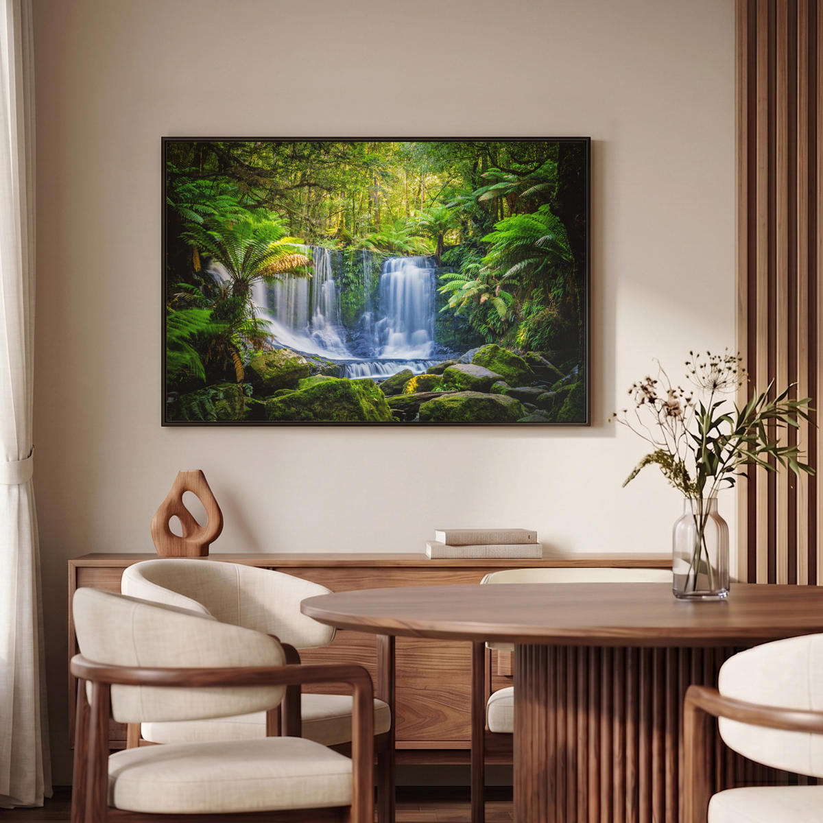 LEINWAND Bilder mit Rahmen - Dschungel - Wasserfall - Australien - Pflanzen - Natur - 90x60 - Dunkelgrün, Textil (90/60cm) - MuchoWow