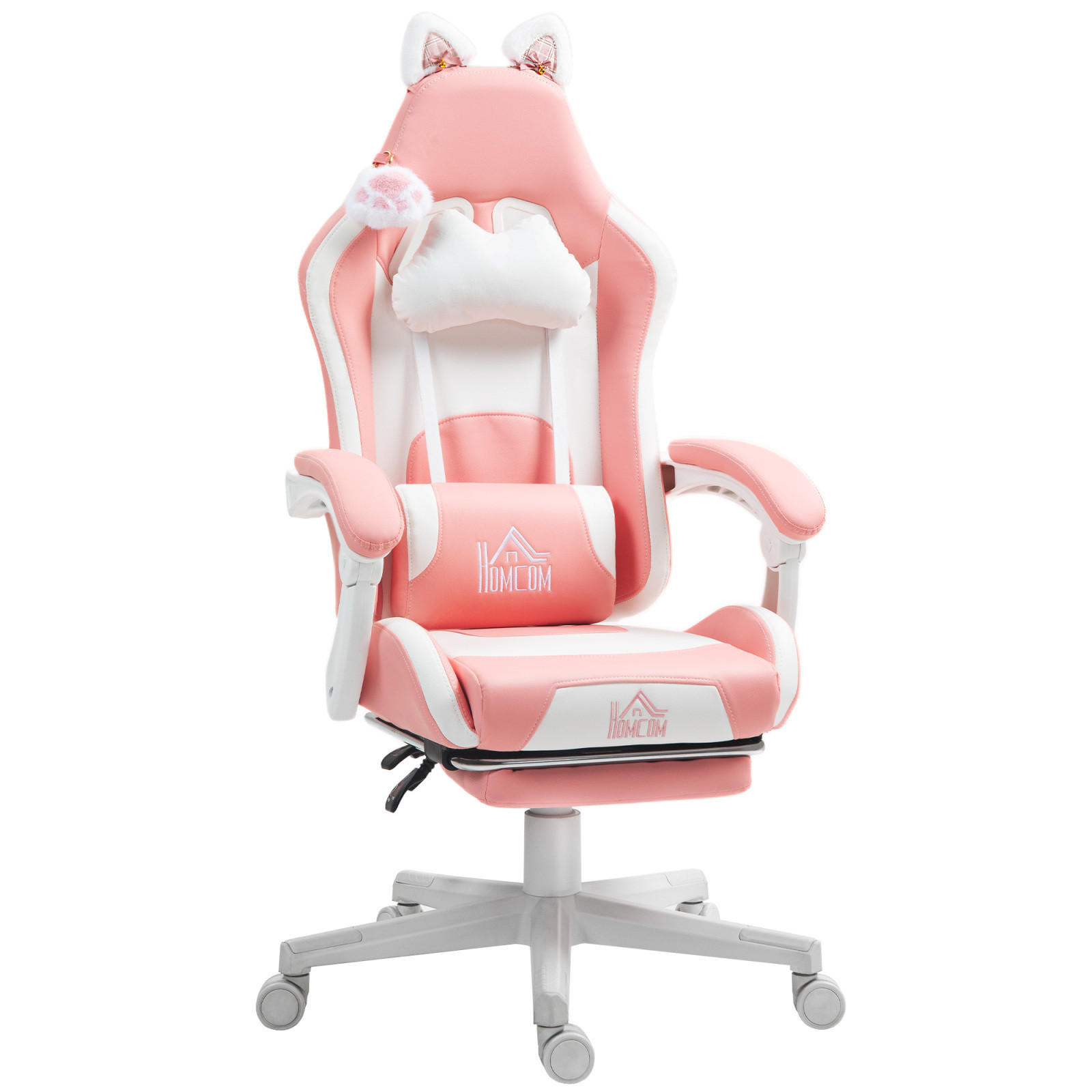 GAMING Stuhl mit Katzenohren, Lendenwirbelstütze, Fußstütze, Kopfkissen, höhenverstellbar, Liegefunktion Rosa-Weiß - Rosa, Leder (62/116/65cm) - BRILVERDE