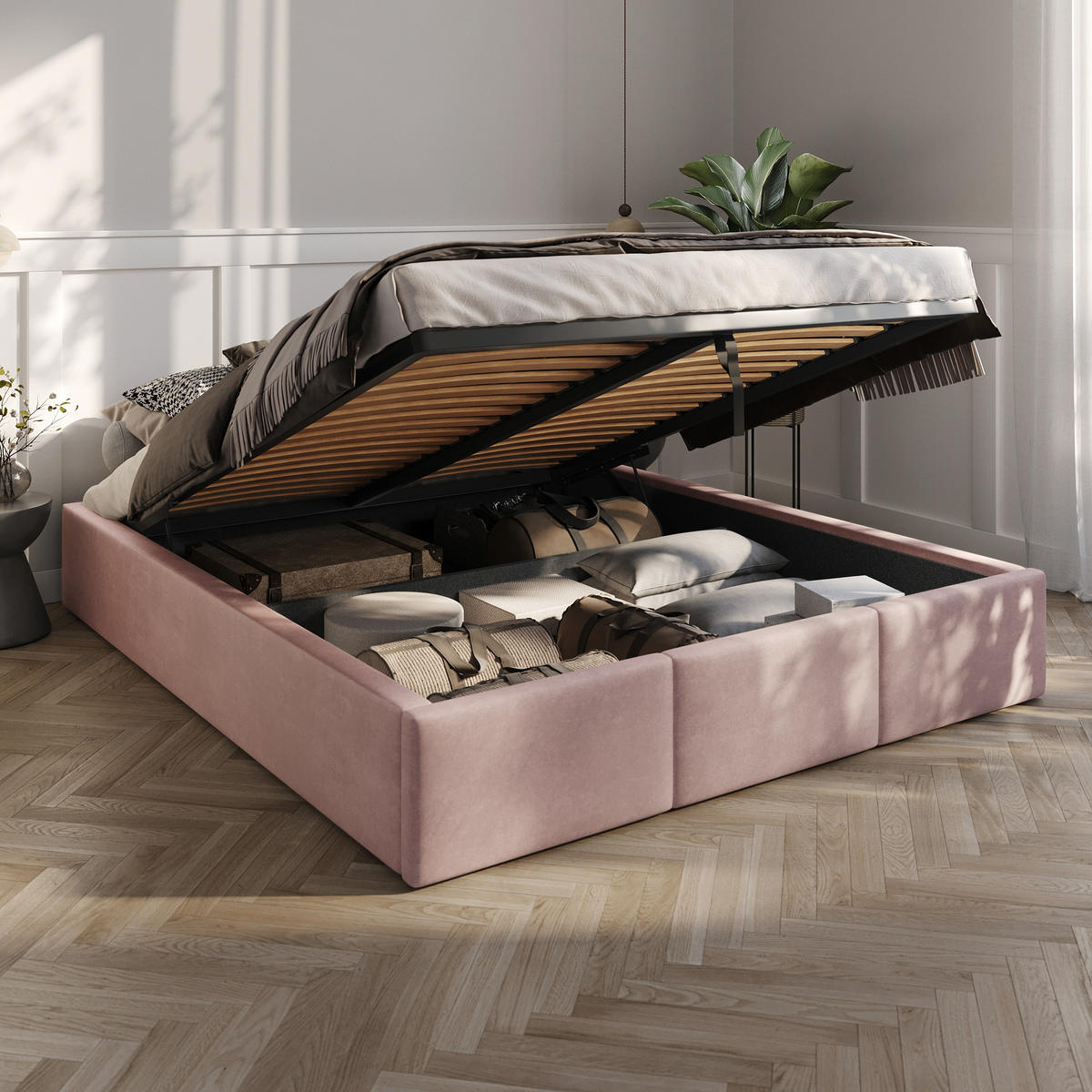 POLSTERBETT für Schlafzimmer Bett mit Stauraum Rosa 160x200cm - Rosa, Holzwerkstoff/Textil - Muralo