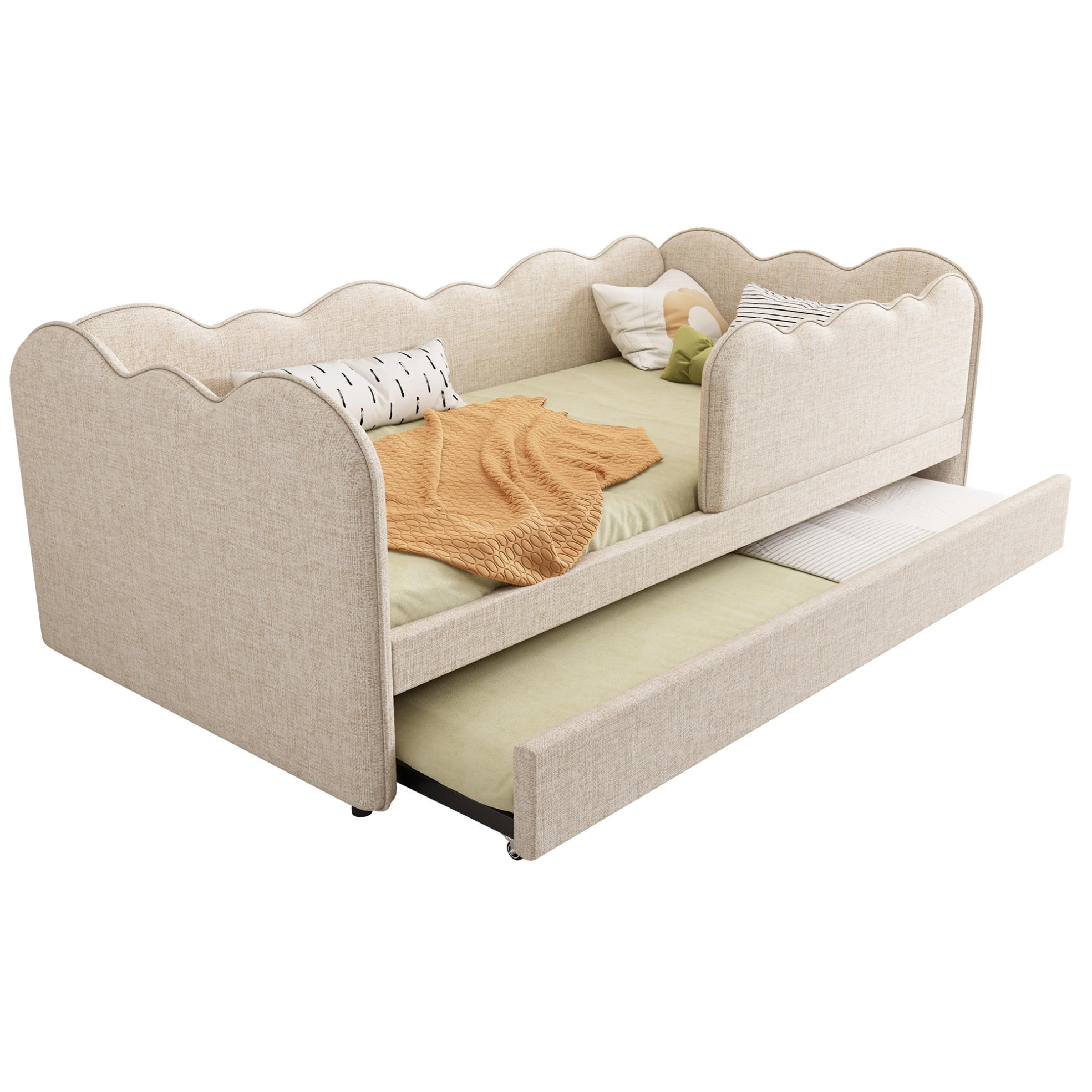 KINDERBETT 90/190 cm mit Ausziehbett, Wolkenform und gepolsterter Rückenlehne, Beige - Beige, Textil (90/190cm) - Redom