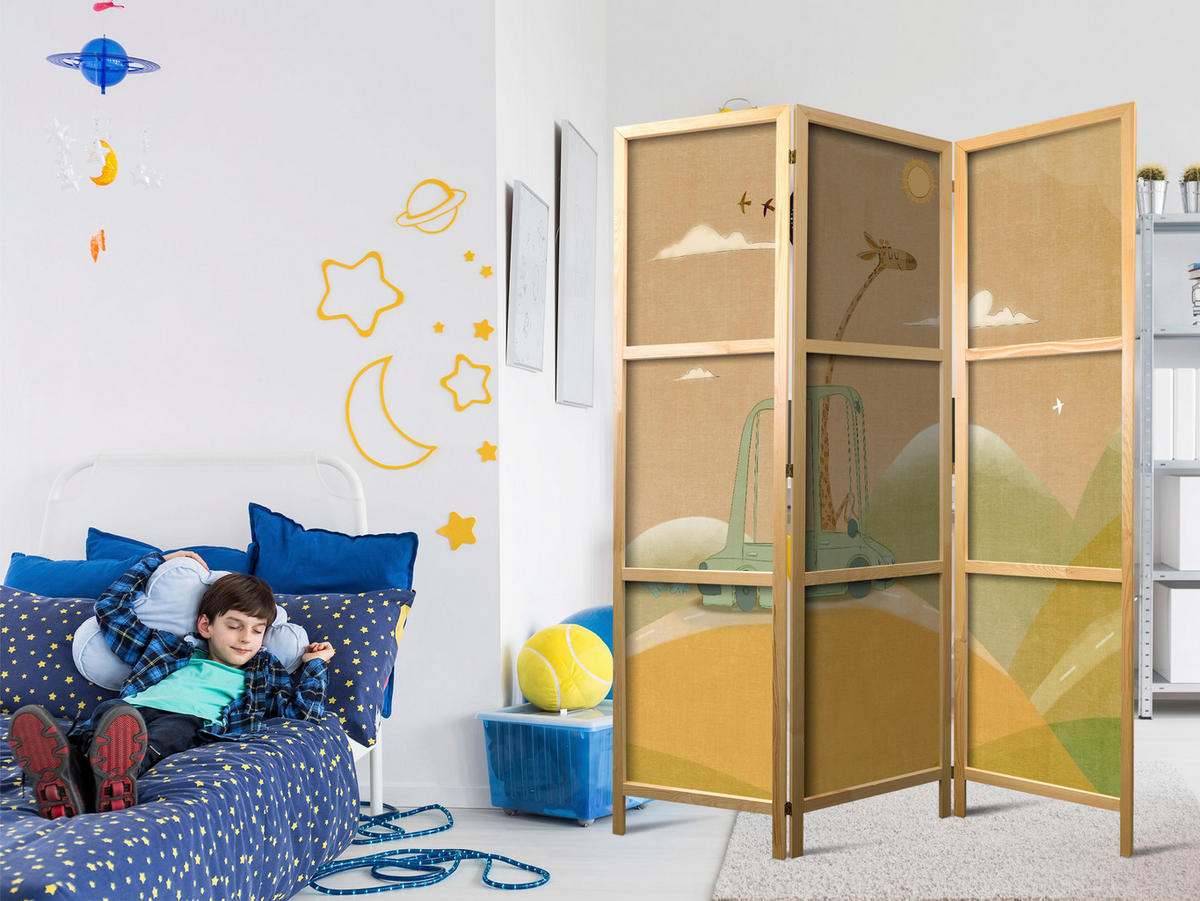 PARAVENT Japanischer 3-tlg 135x172 cm Giraffe im Auto - Beige, Holz/Textil (135/172/3cm) - Muralo