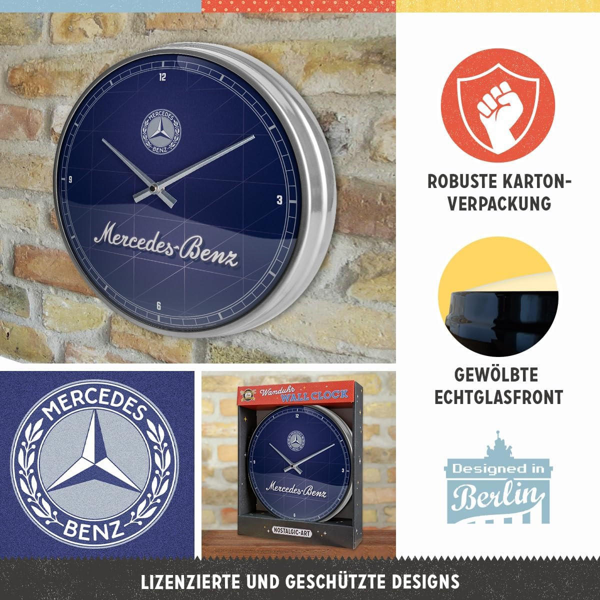 WANDUHR 31 cm Mercedes-Benz Silver & Blue - Blau, Metall (31/31/5cm) - Nostalgic-Art