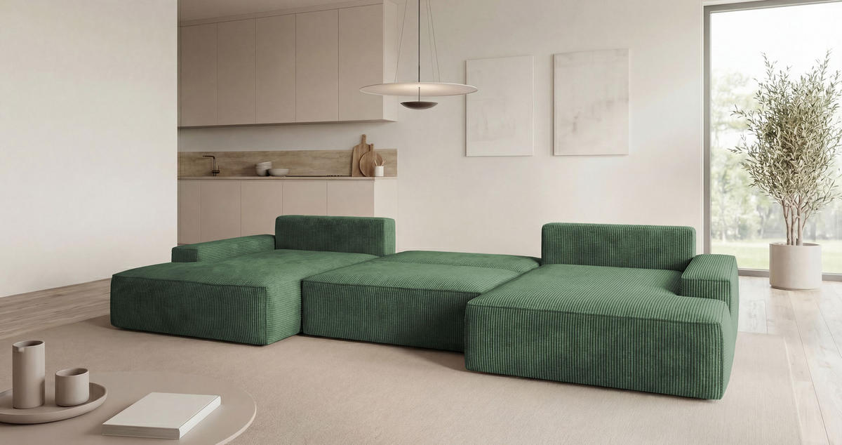 WOHNLANDSCHAFT VERONA U-Form grün Cord Poso 14 - Schlaffunktion, Bettkasten - Grün, Textil (385/86/185cm) - Cornero