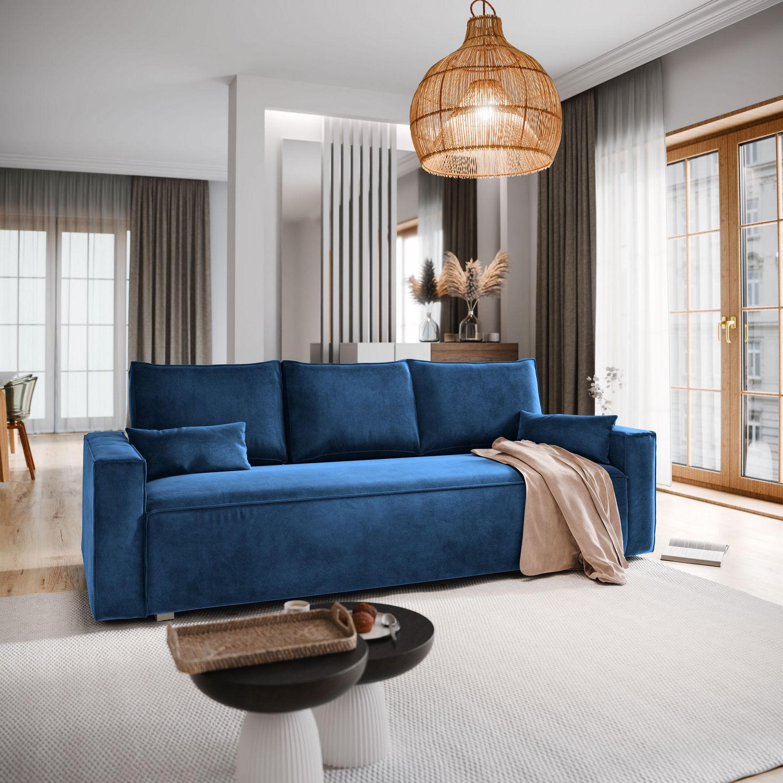 BETTSOFA ALATRI Blau Velours-Stoff mit Schlaffunktion - Blau, Textil (230/85/87cm) - MASSENO