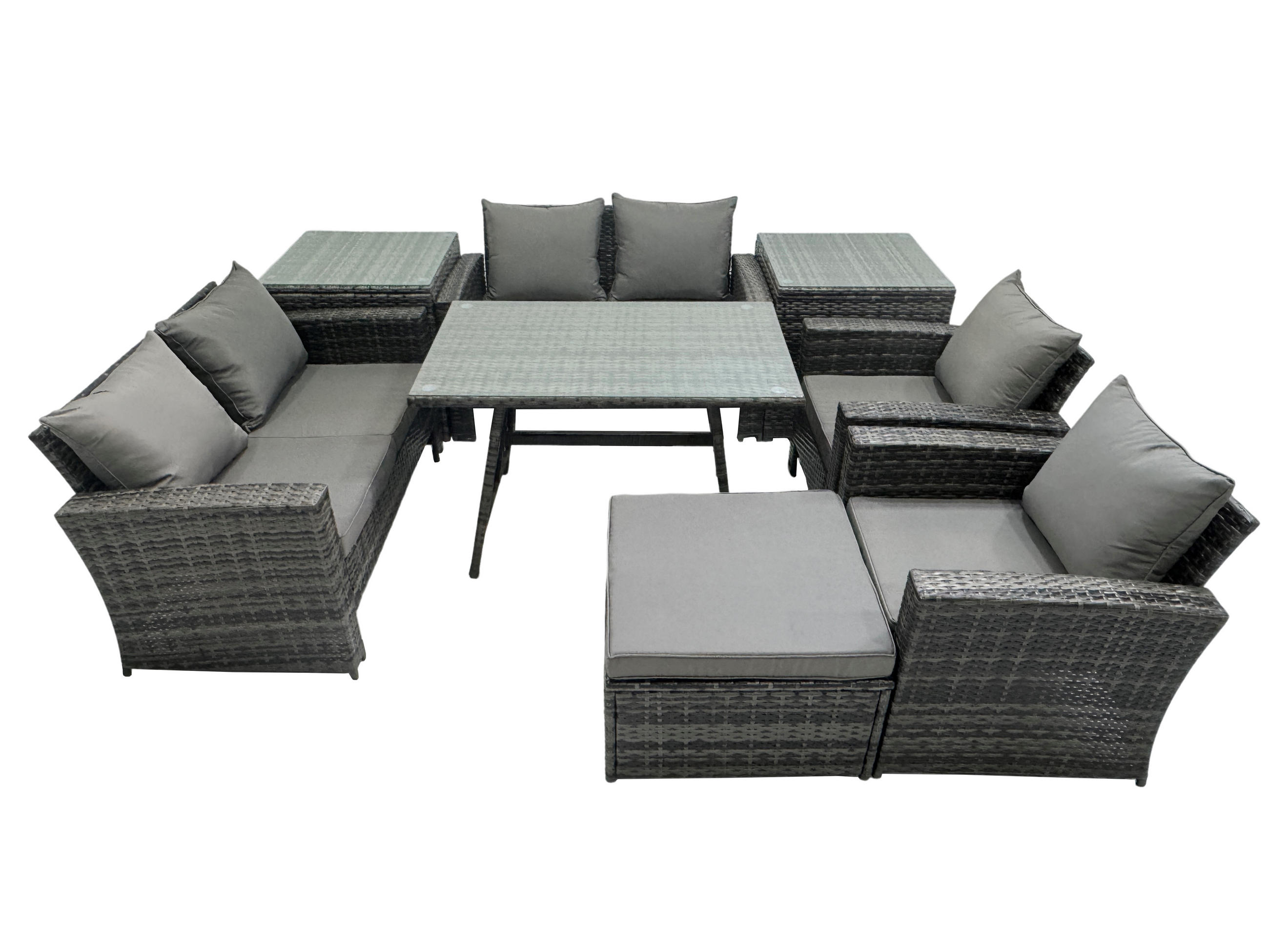 GARTENMÖBELSET mit ESSTISCH,HOCHLEHNER-SOFA Polyrattan Dunkelgrauer Mix 7-Sitzer - Dunkelgrau/Grau, Glas/Kunststoff - Fimous