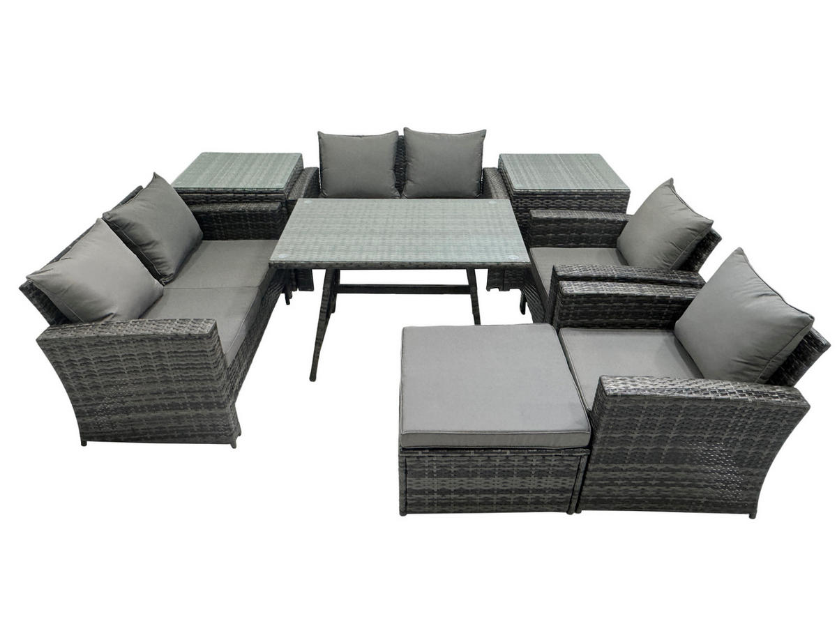 GARTENMÖBELSET mit ESSTISCH,HOCHLEHNER-SOFA Polyrattan Dunkelgrauer Mix 7-Sitzer - Dunkelgrau/Grau, Glas/Kunststoff - Fimous