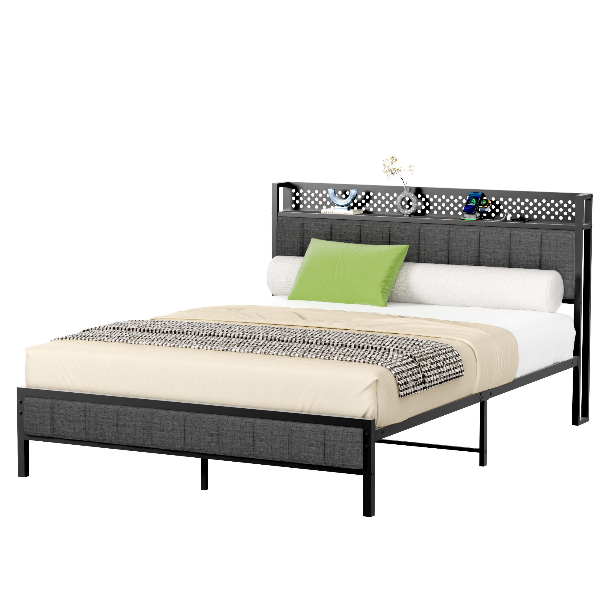 METALLBETT 140/200 cm Schwarz mit Stauraum-Kopfteil mit USB-Anschlüssen - Schwarz, Metall (140/200cm) - OKWISH