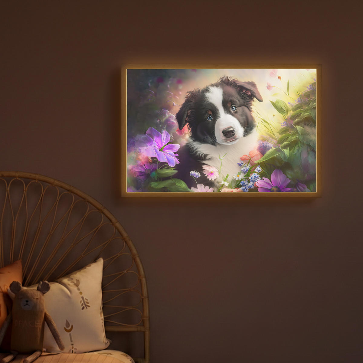 DOBÍJECÍ NOČNÍ LAMPIČKA Štěně - Slunce - Květiny - Příroda - Border kolie - Pes 60x40 cm - fialová, kompozitní dřevo (8/60/40cm) - OnlyWow