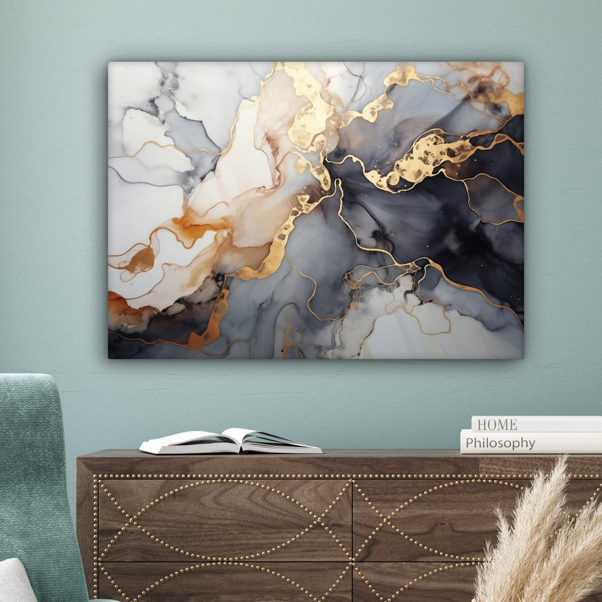 LEINWANDBILD Marmor - Schwarz - Gold - Weiß Wandbilder 80x60 cm - Dunkelgrau, Textil (80/60cm) - MuchoWow