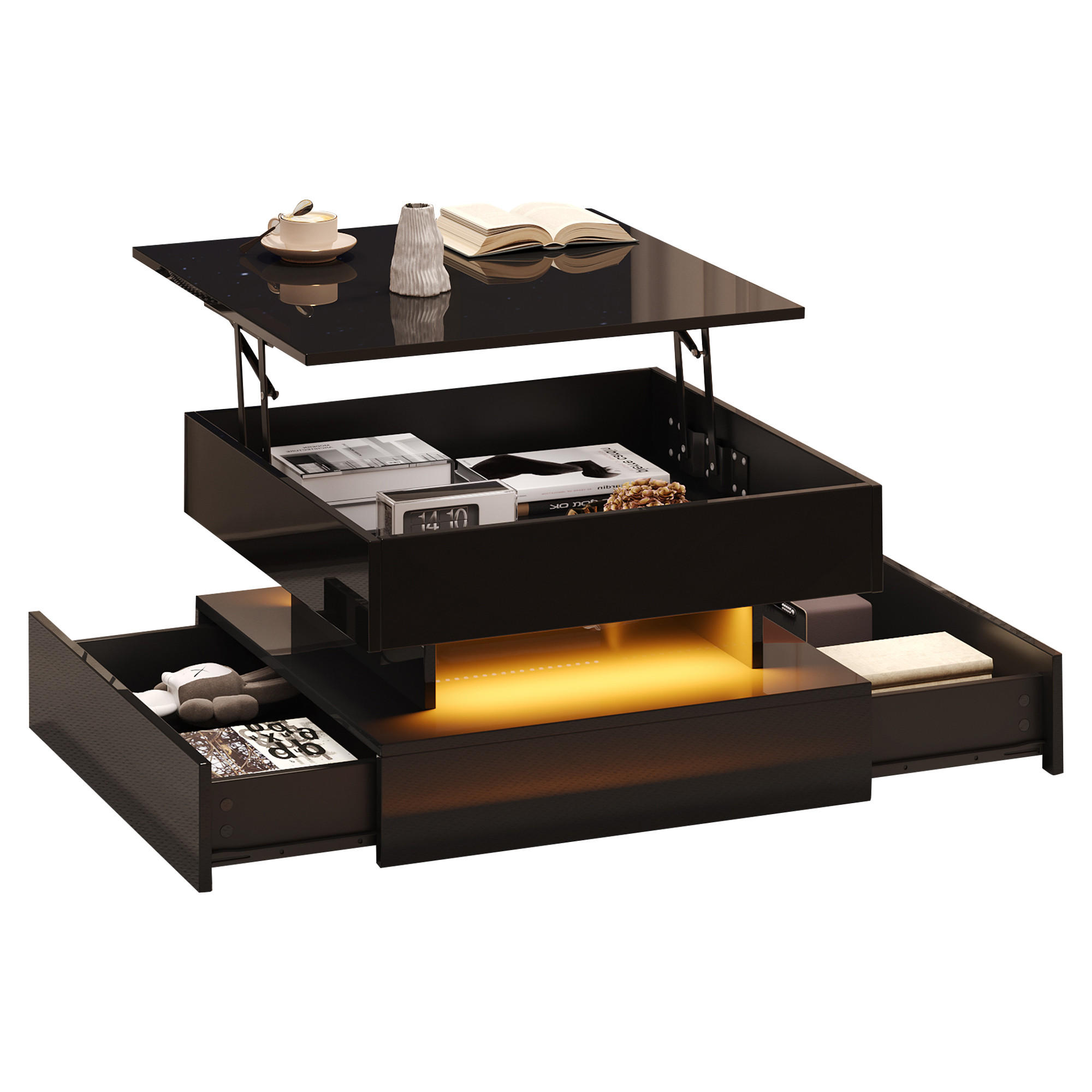 COUCHTISCH 65x65x38,5cm -höhenverstellbar Schwarz mit LED-Licht und Stauraum - Schwarz, Holz (76.84/75.18/19.69cm) - Raelunyi