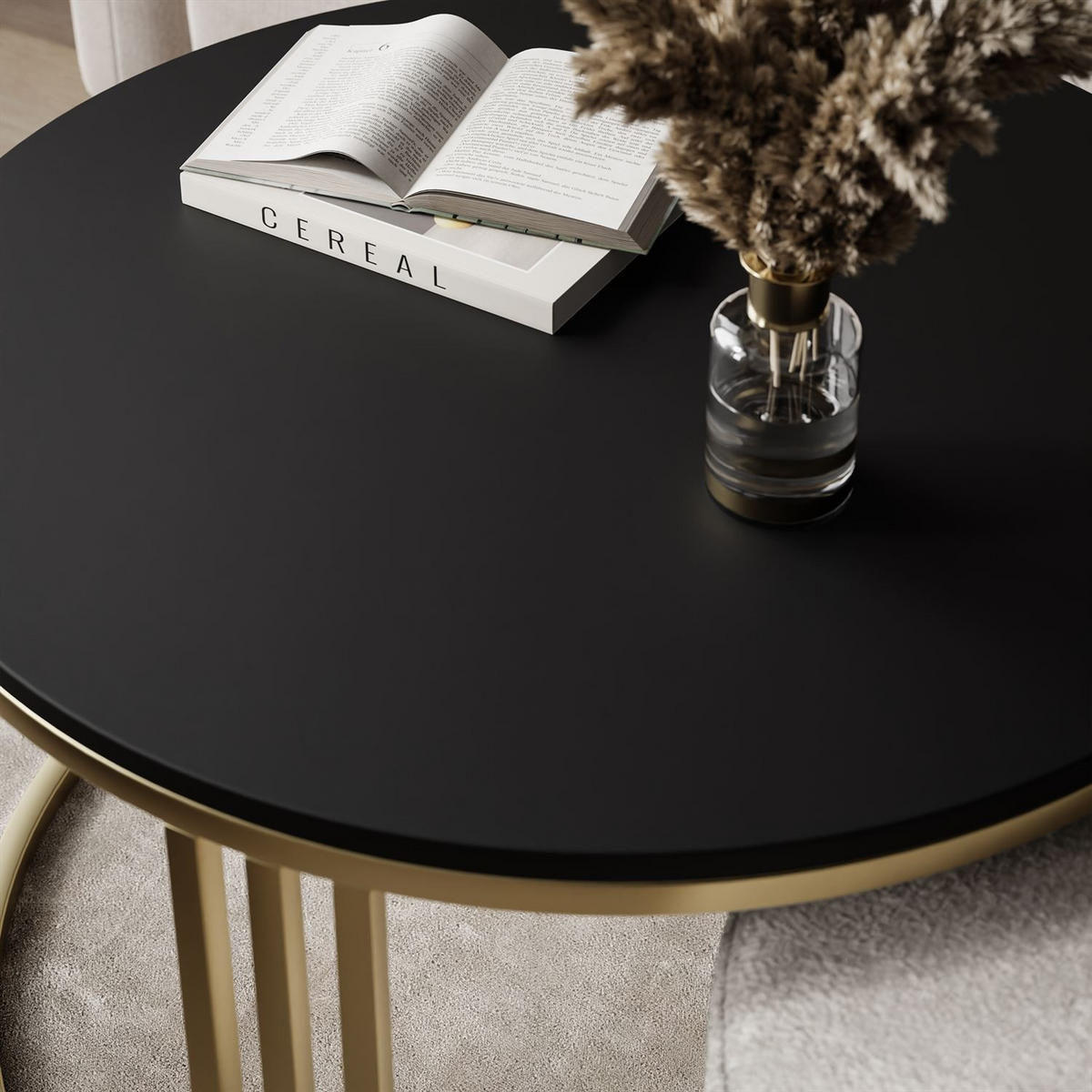 COUCHTISCH mit Hocker LORI MAT gebürstetes Gold/schwarz matt/Perfect Harmony 82 - Schwarz, Metall (70/70/49cm) - Lookway