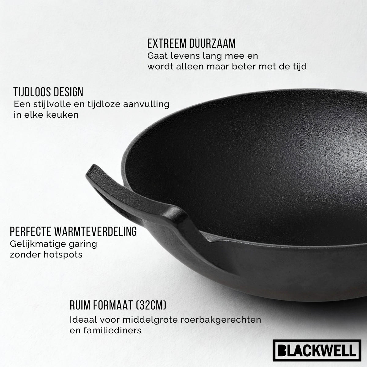 WOKPFANNE Gusseisen Ø 32 cm / 3.3 Liter – ohne Antihaftbeschichtung – geeignet für alle Wärmequellen - Schwarz, Keramik (32cm) - Blackwell