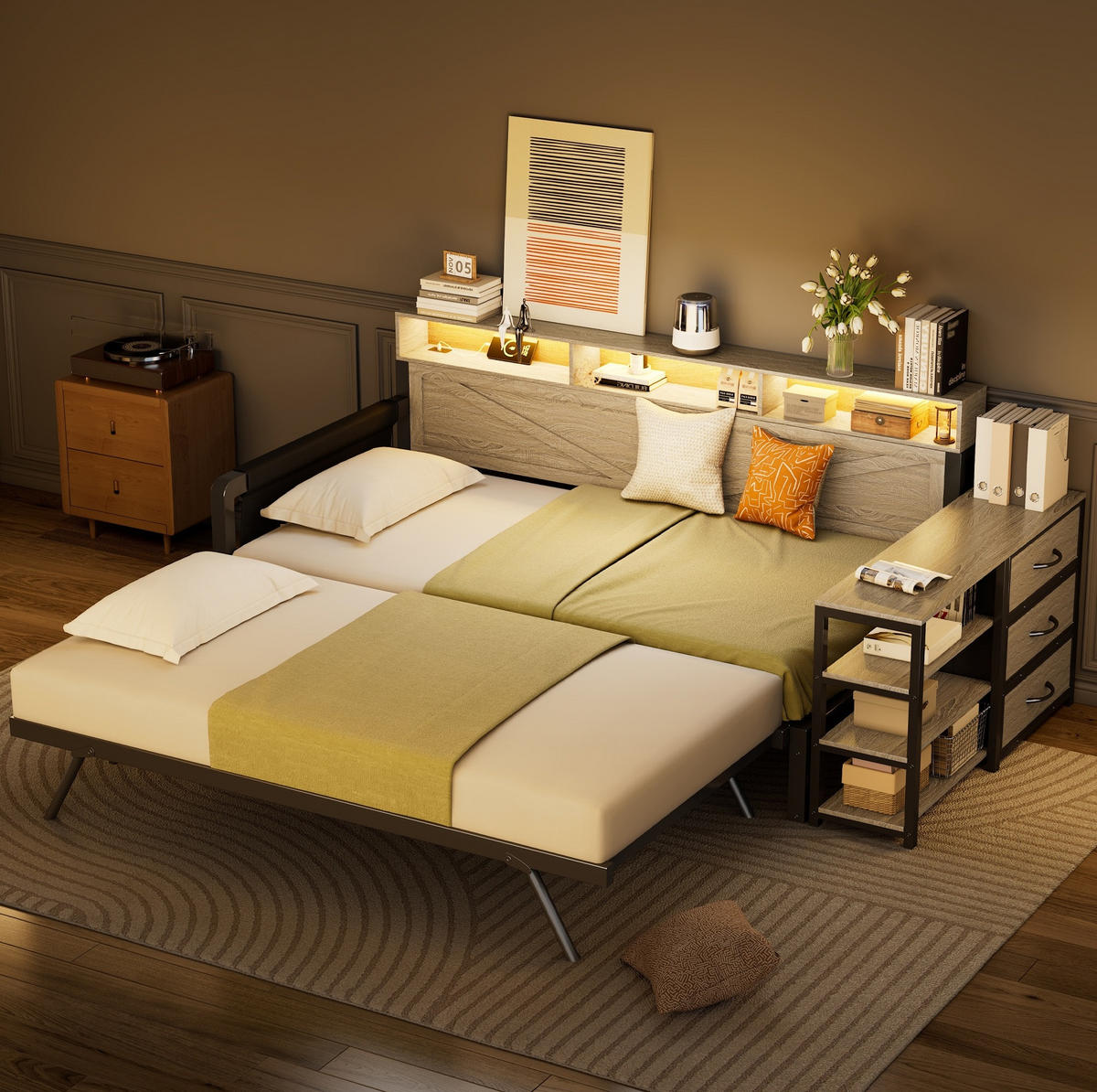 METALLBETT 90/200 cm mit Ausziehbett, Stauraum, LED und USB in Schwarz - Schwarz, Holzwerkstoff (90/200cm) - BEAOK