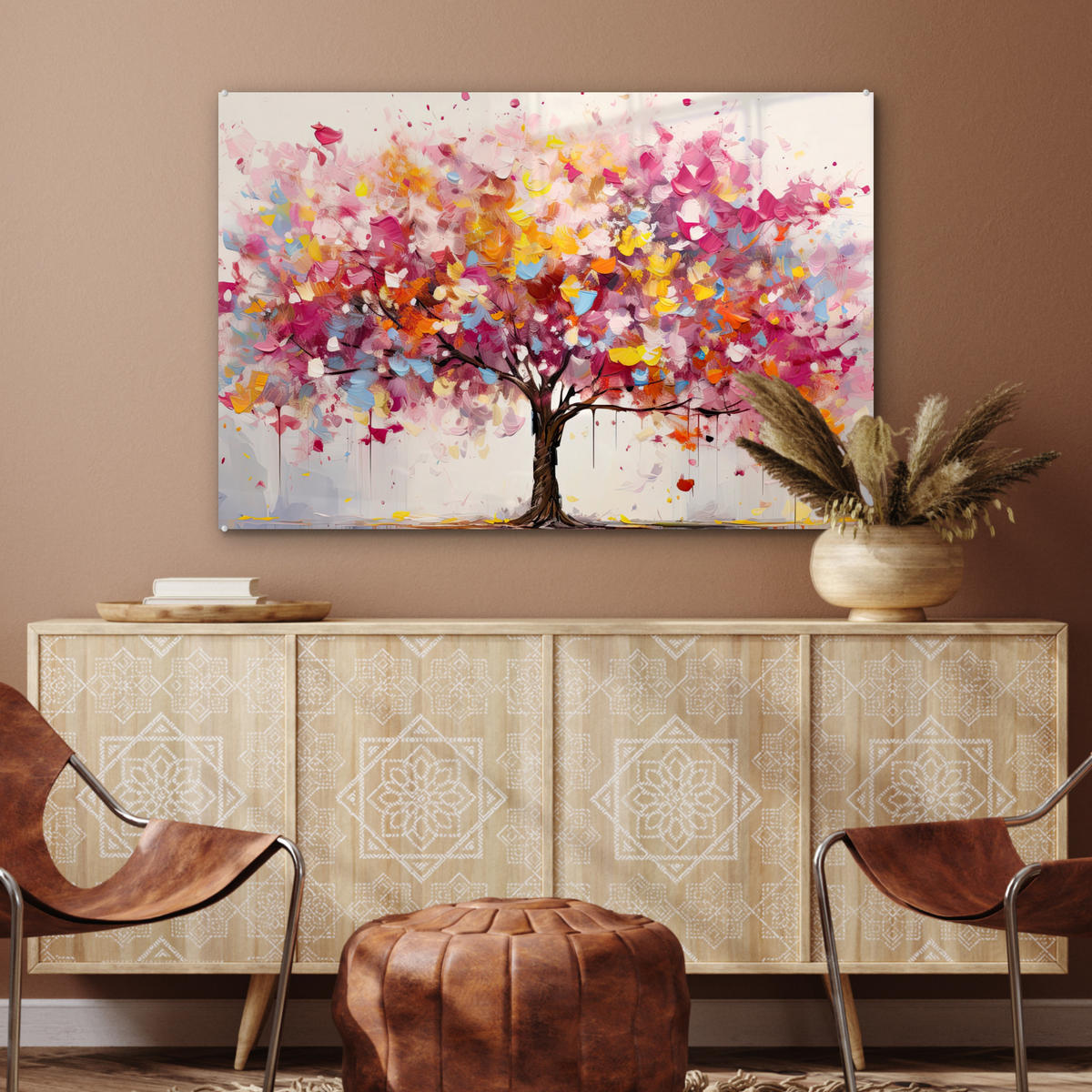 ACRYLGLASBILD Aquarell - Baum - Kunst - Abstrakt 90x60 cm - Multicolor, Glas (90/60cm) - MuchoWow