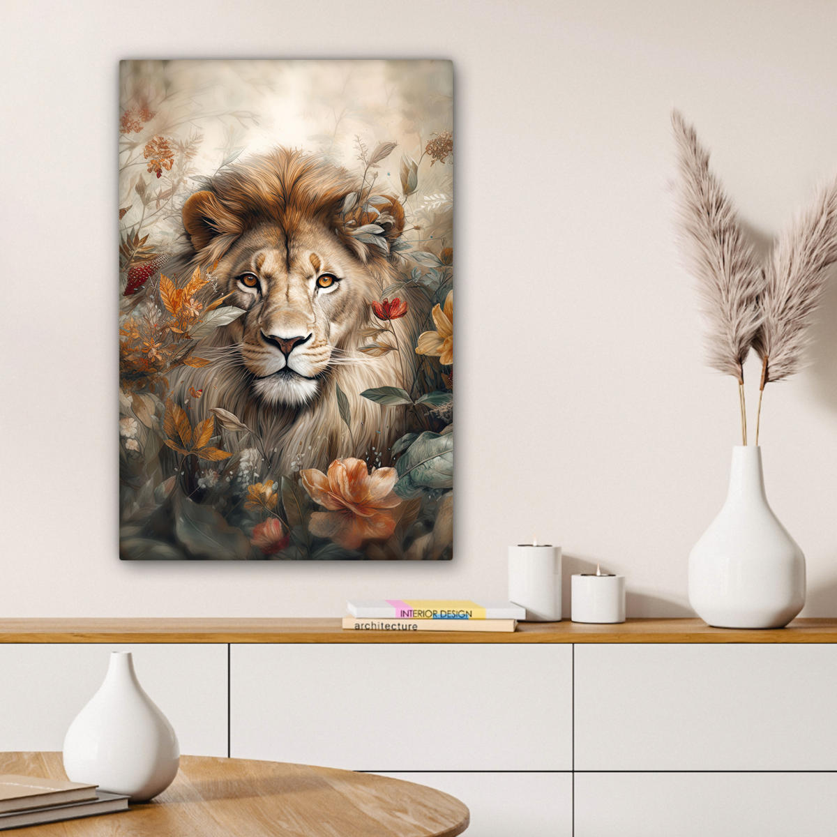 LEINWANDBILD Löwe - Wildtiere - Pflanzen - Natur - Blumen Wanddeko Schlafzimmer 60x90 cm - Beige, Textil (60/90cm) - MuchoWow