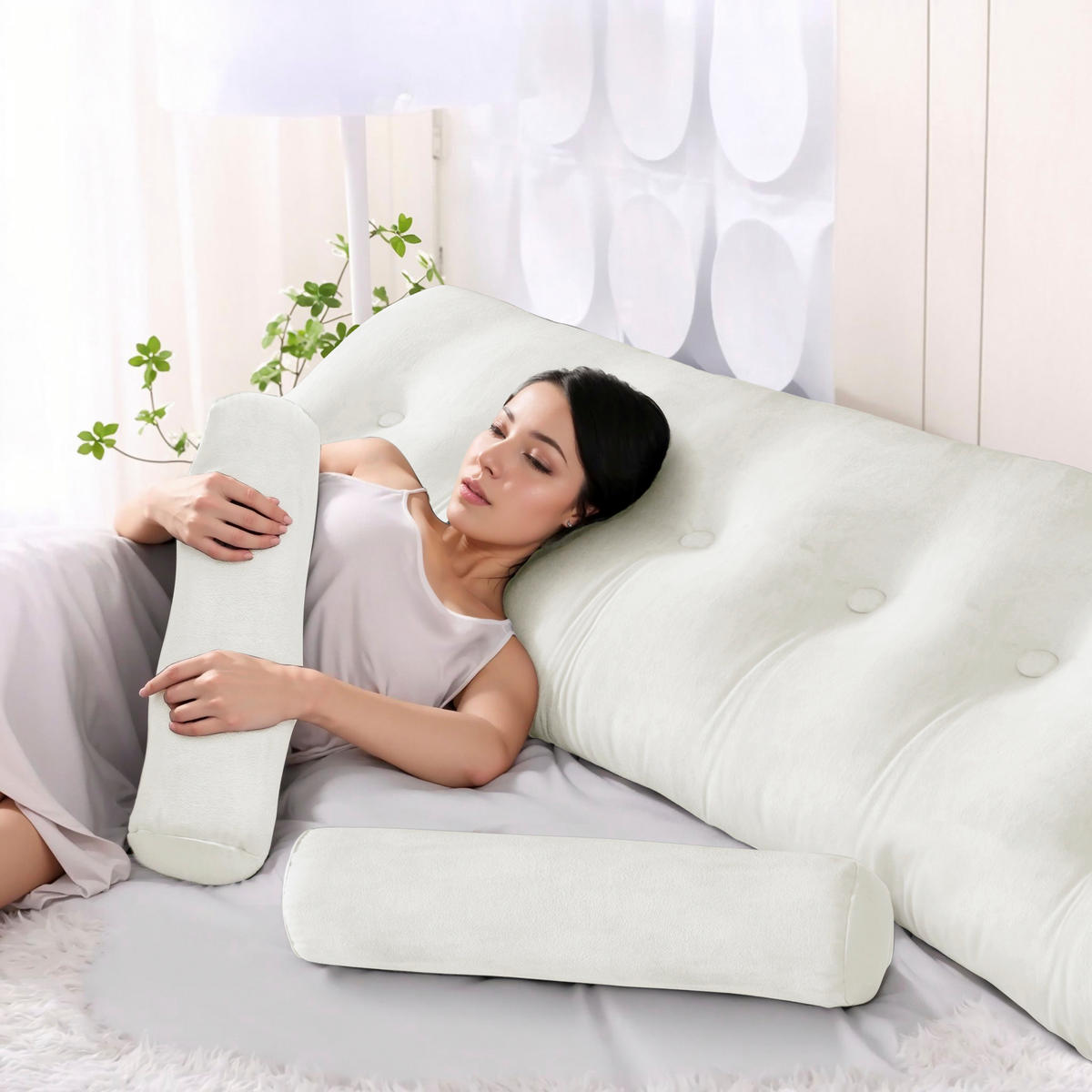 KEILKISSEN mit einem runden Kissen 3er-Set Samt Weiß 200cm - Weiß, Textil (20/200cm) - Vercart