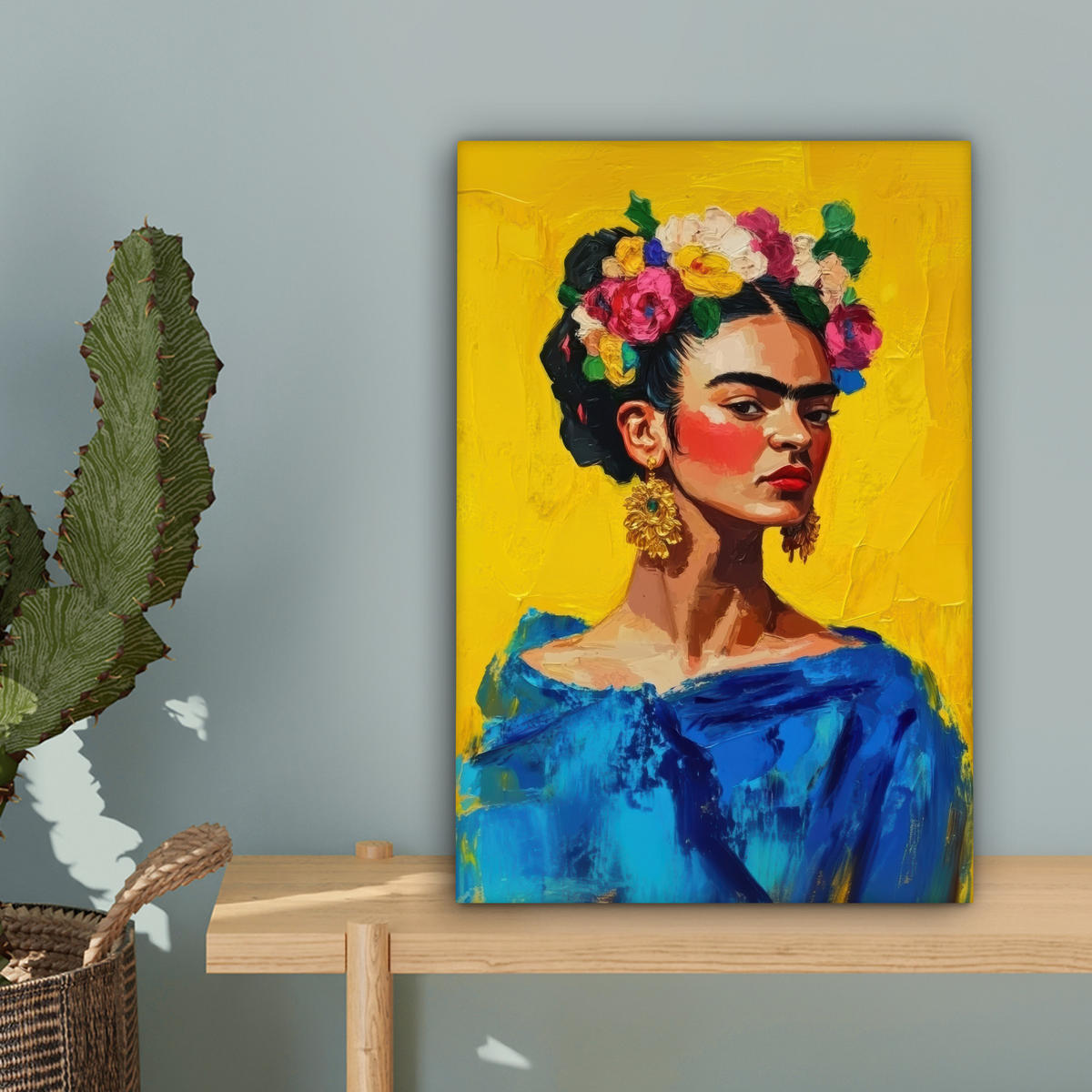 LEINWANDBILD Frida Kahlo - Frau - Gelb - Blau - Blumen 20x30 cm - Gelb, Textil (20/30cm) - MuchoWow