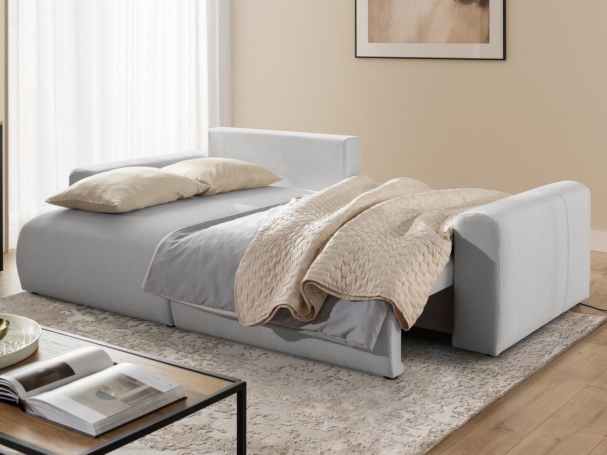 ECKSOFA Calma mit Schlaffunktion und Bettkasten im Bumpy-Design aus weichem Grau Webstoff - Ottomane links - Schwarz/Grau, Holz/Kunststoff (239/140cm) - S-Style
