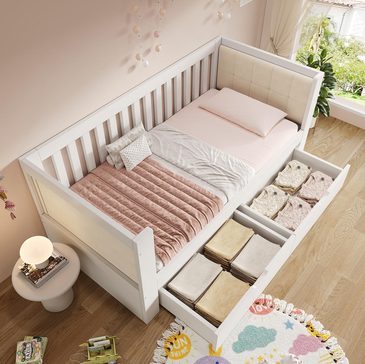 POLSTERBETT 90/200 cm Weiß aus Holz mit 2 Schubladen - Weiß, Textil (90/200cm) - OKMYHOME