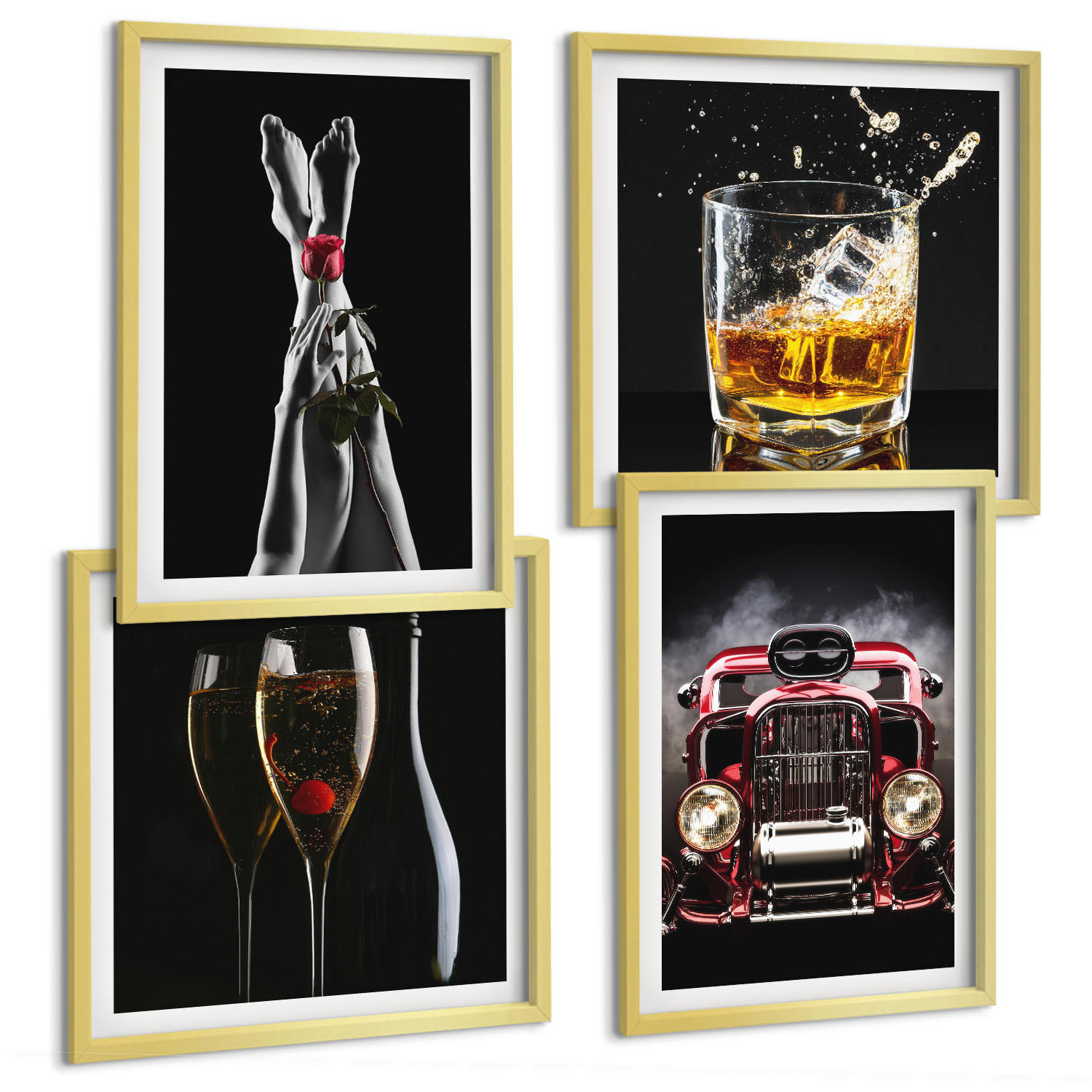 BILDER SET 4er Set - 50x50 cm & 40x60 cm Goldrahmen - Frauenbeine Rosenwagen Wein - Goldfarben, Kunststoff (50/50cm) - TULUP