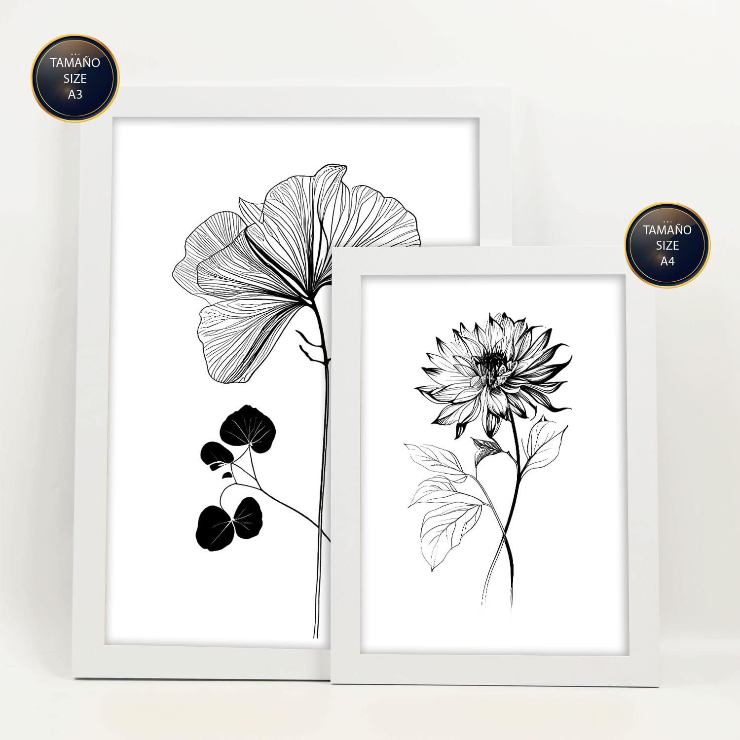 POSTER Set Mit 6 Belaubte Blumen Natur Und Botanikdrucke Mit Blumenmotiven In Klassischem Schwarz Und Weiß Innenarchitektur A3 & A4 Weißer Rahmen - Weiß, Papier (29/3cm) - Nacnic