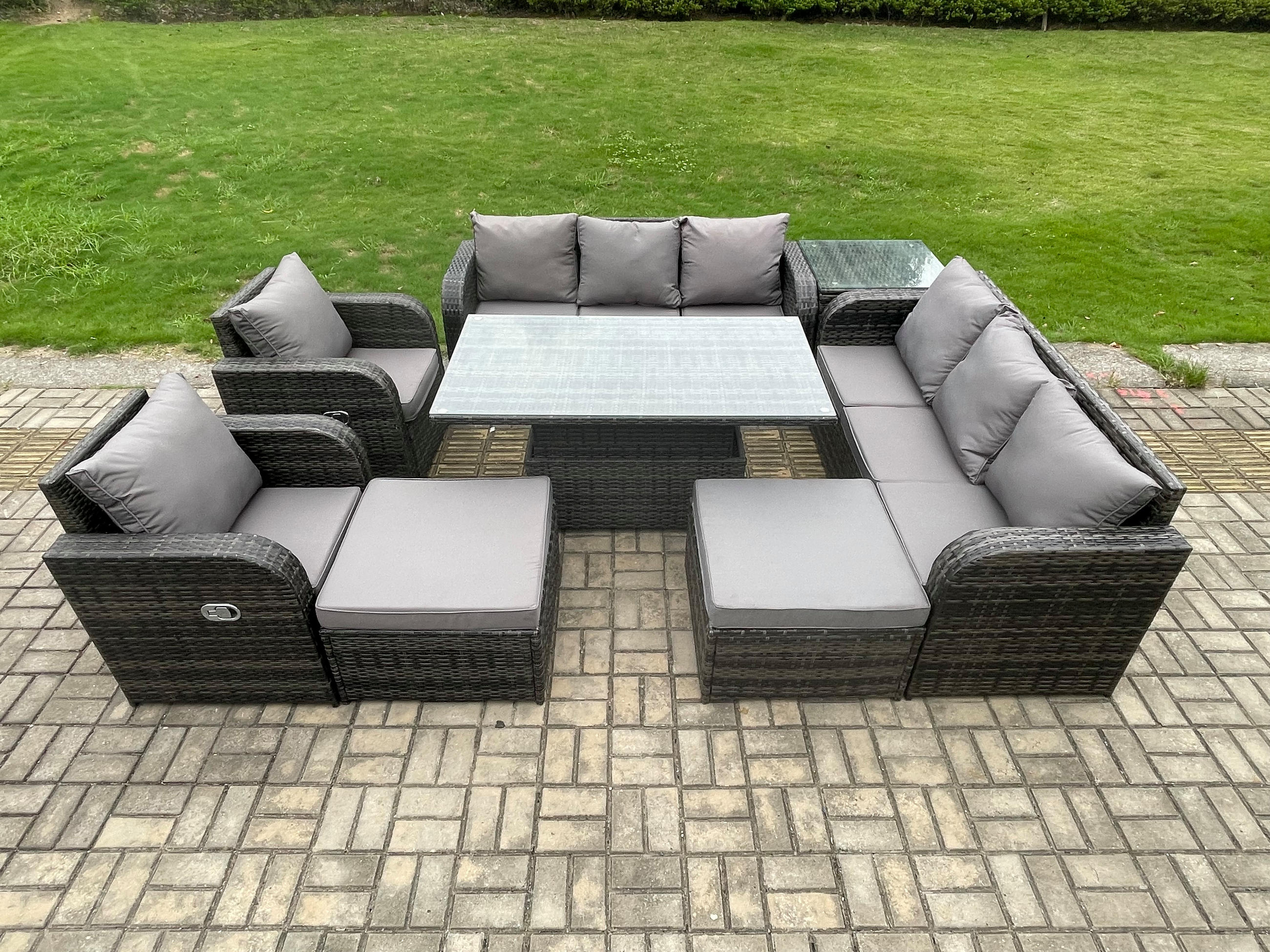 SITZGRUPPE GARTENSET MIT HOCKER Polyrattan Patio 10-Sitzer - Dunkelgrau/Grau, Glas/Kunststoff - Fimous