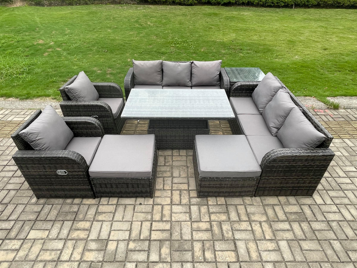SITZGRUPPE GARTENSET MIT HOCKER Polyrattan Patio 10-Sitzer - Dunkelgrau/Grau, Glas/Kunststoff - Fimous