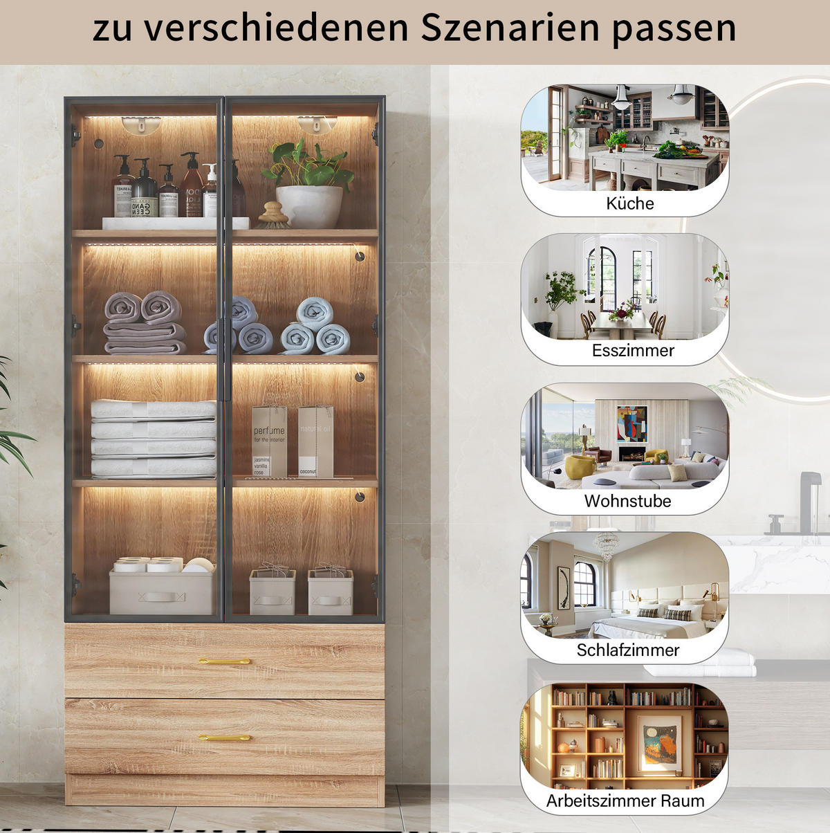 VITRINE 75 cm aus MDF mit Lichtleiste und Glastür Braun - Braun, Holzwerkstoff (75/170/34.5cm) - Modenvie