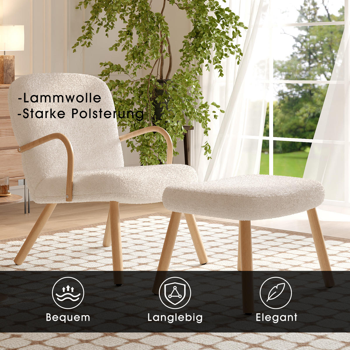RELAXSESSEL MIT FUSSHOCKER, Lesesessel mit Armlehnen - Beige, Holz (64/82/58cm)